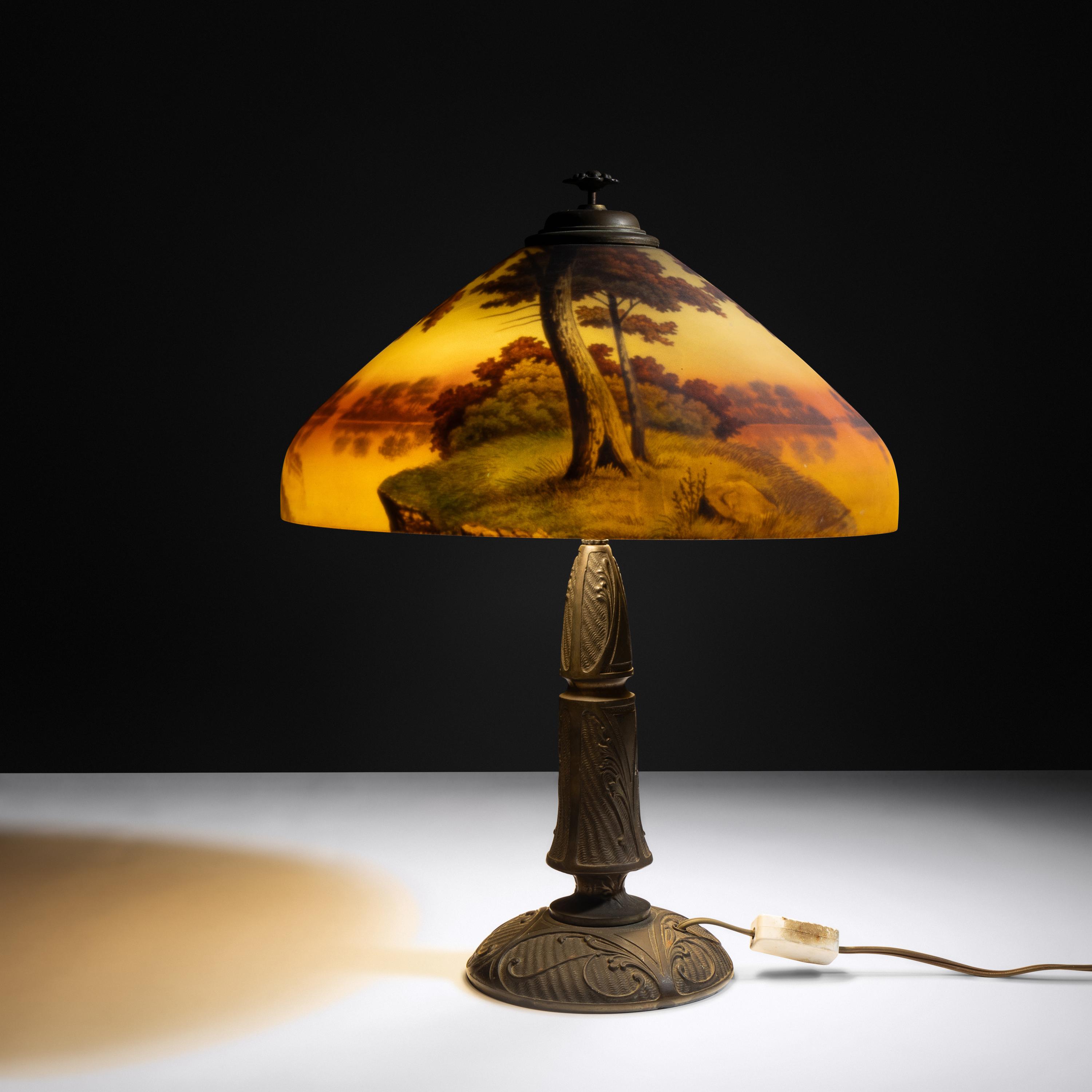 Reverse-painted glass lamp, c. 1910