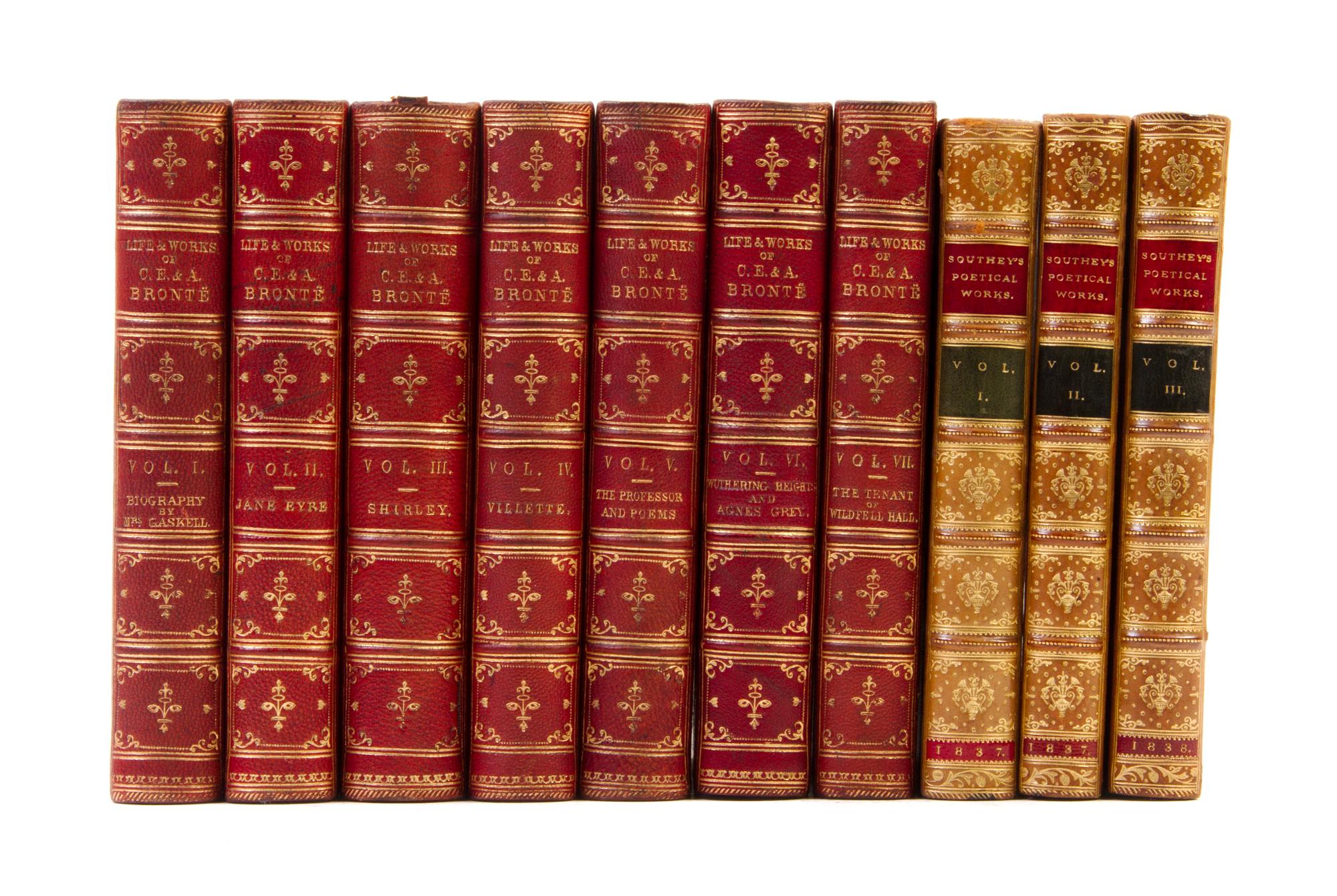 (BINDINGS) A group of 10 leather-bound volumes.