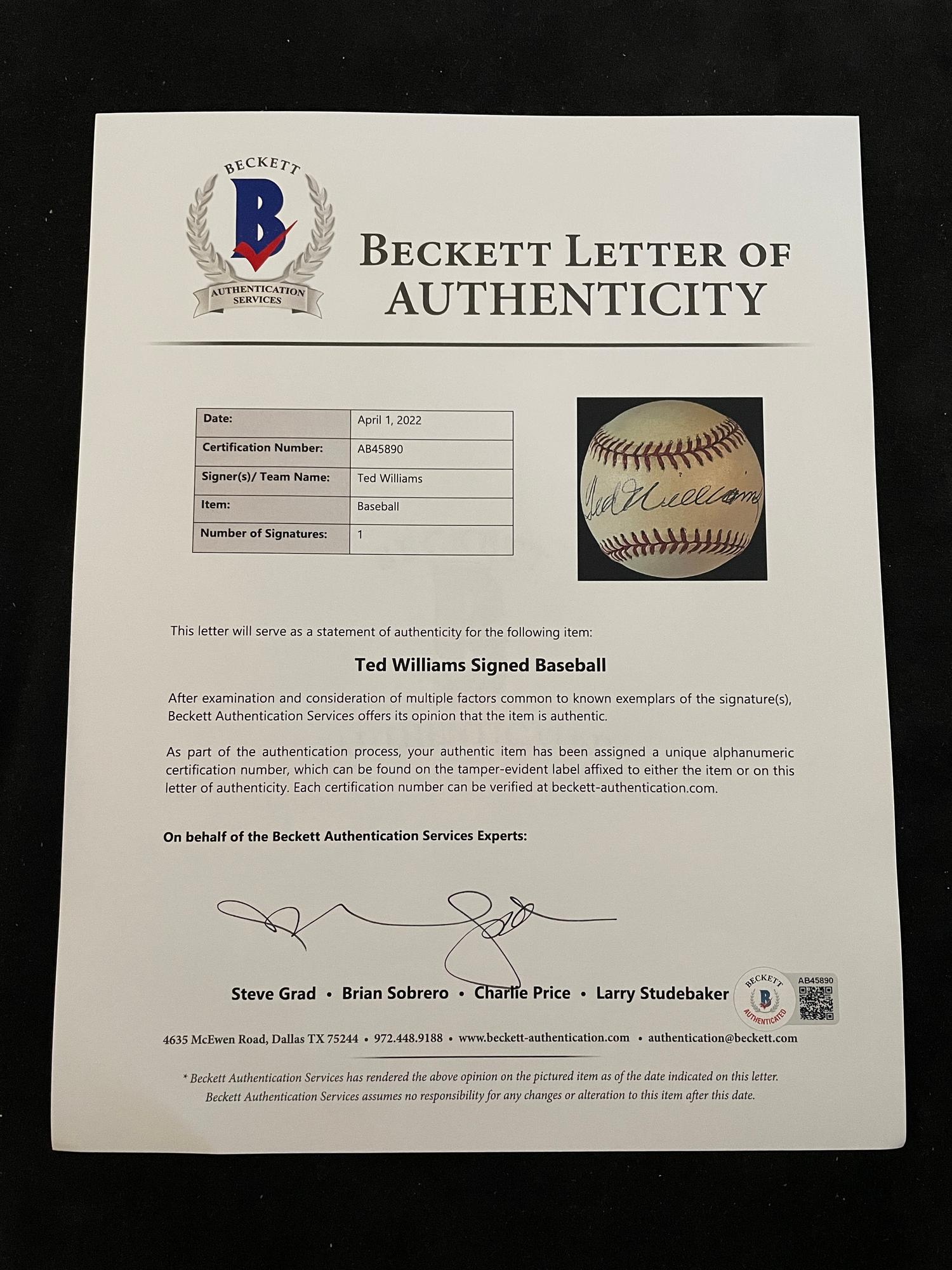 A Ted Williams Signed Autograph Baseball (Beckett Authentication Services Letter BAS Certified),