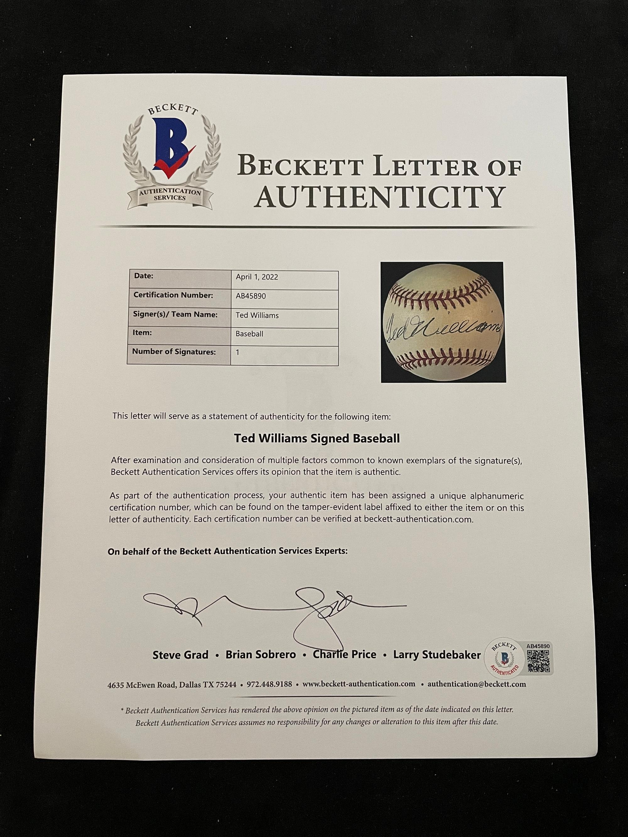 A Ted Williams Signed Autograph Baseball (Beckett Authentication Services Letter BAS Certified),