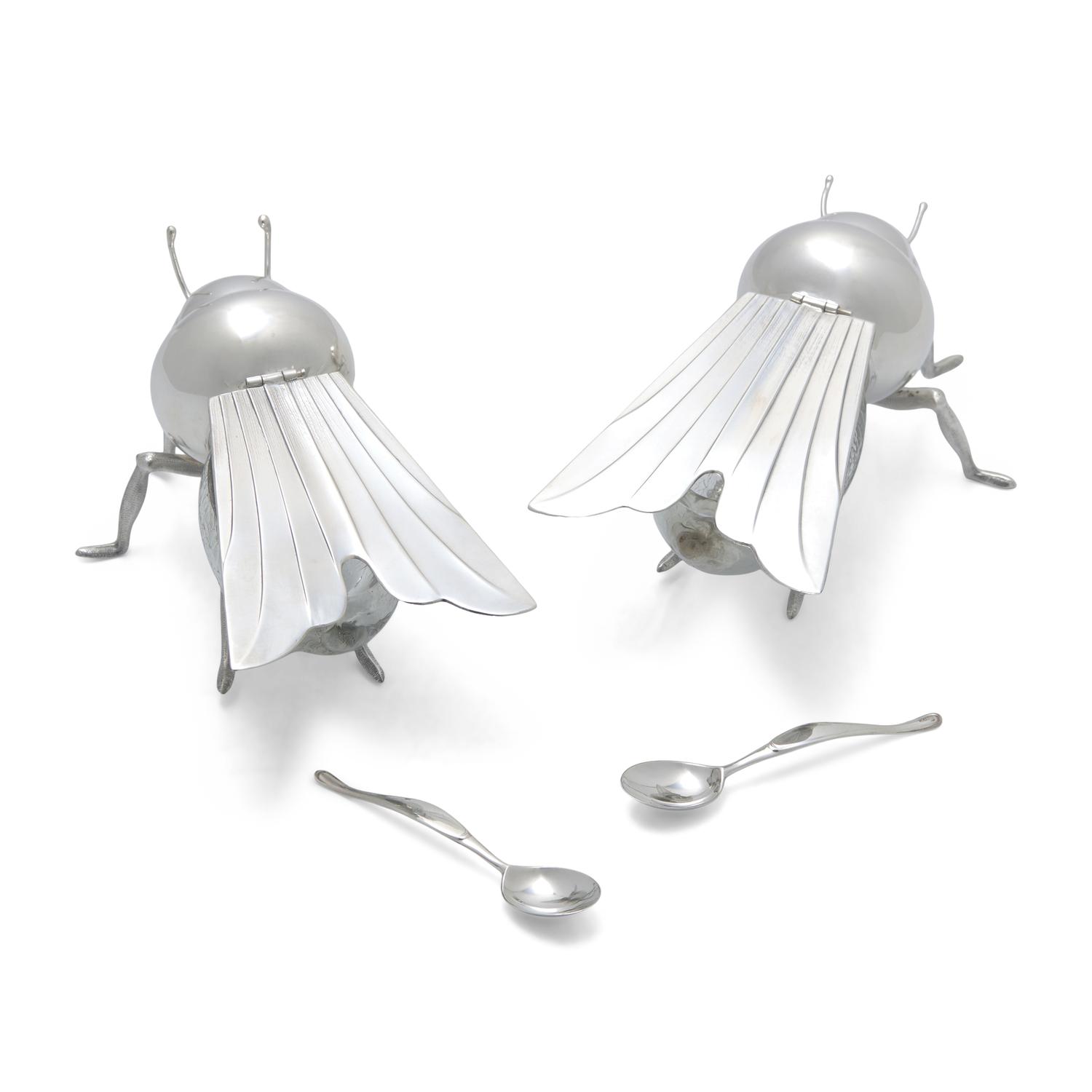 A Pair of Peruvian Silver and Glass Bee-Form Honey Dishes and Spoons