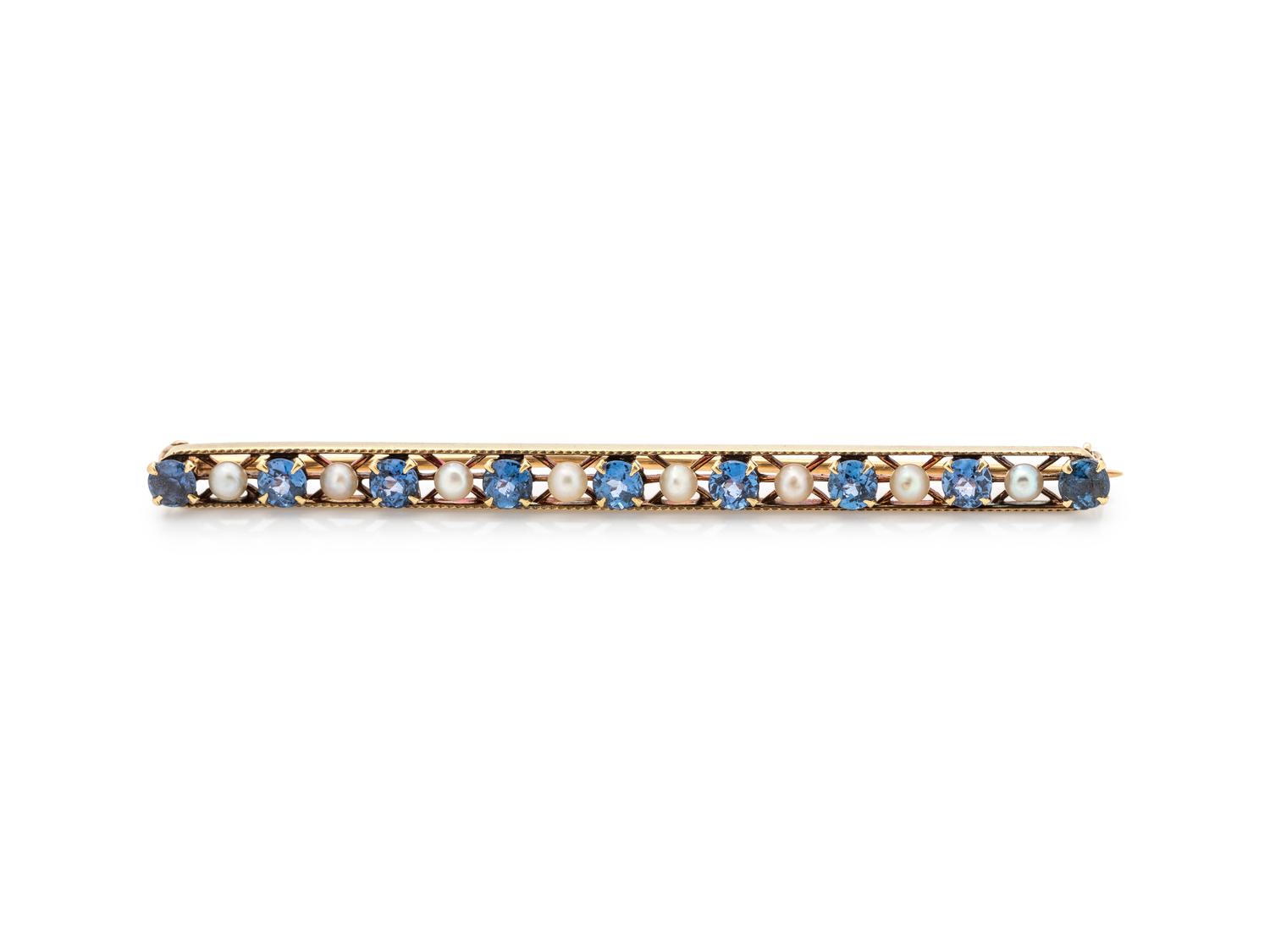 SAPPHIRE AND PEARL BAR BROOCH
