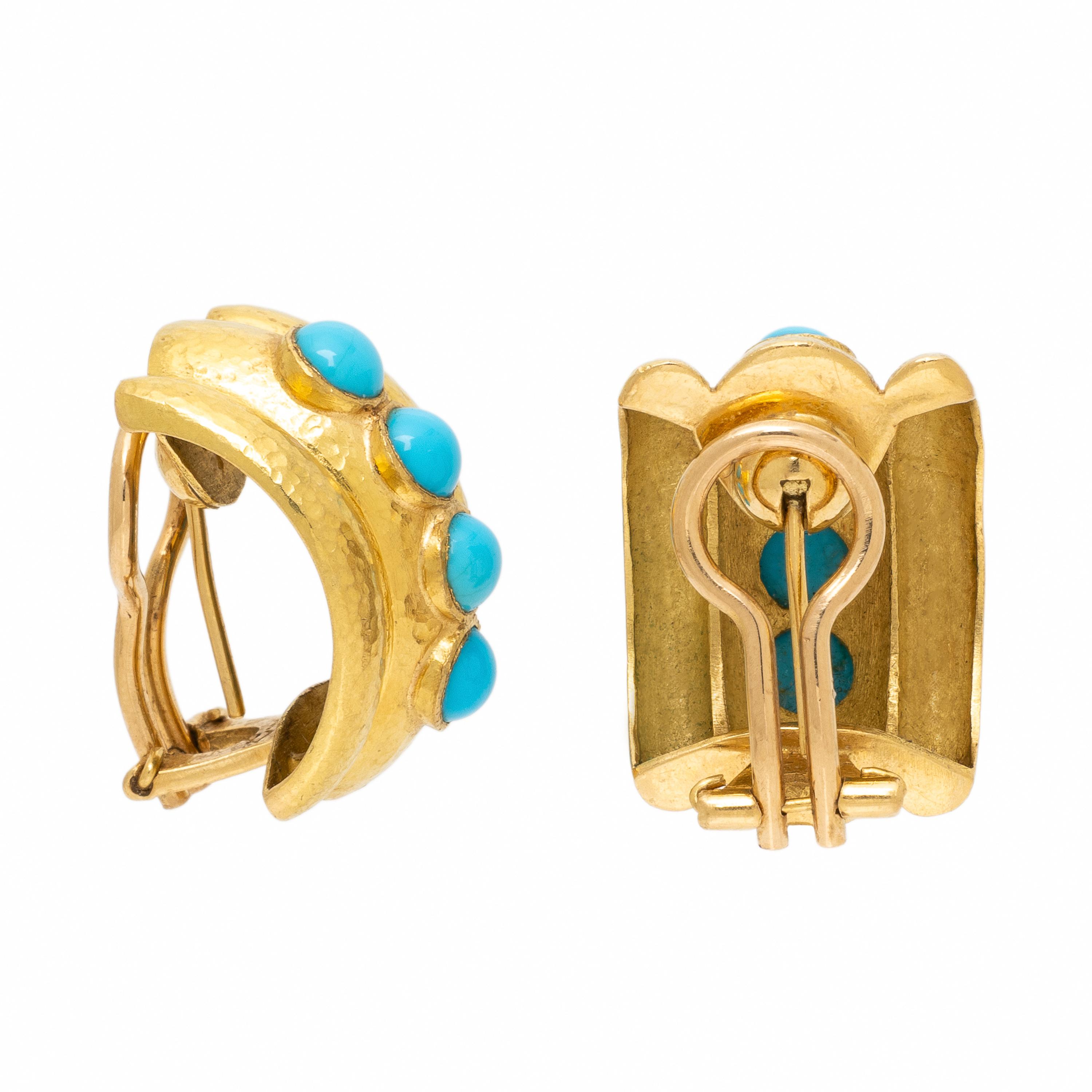 Elizabeth Locke, Yellow Gold and Turquoise Half Hoop Earrings