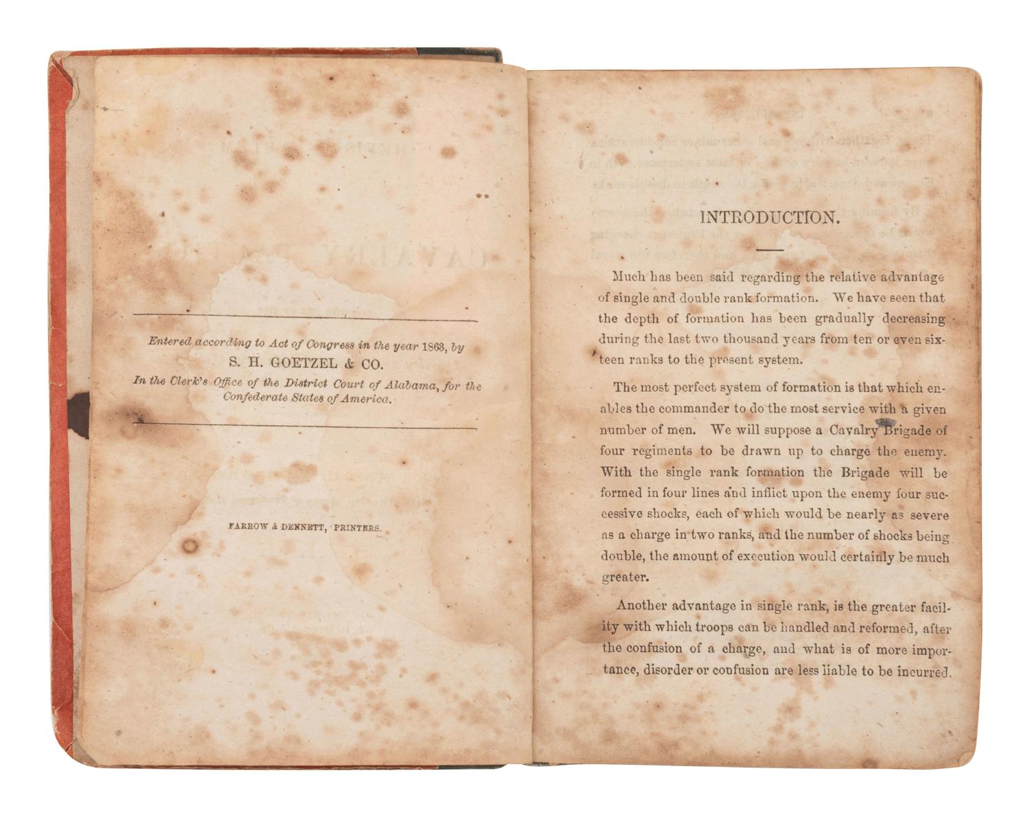 [CIVIL WAR]. WHEELER, Major General Joseph (1836-1906). A Revised System of Cavalry Tactics, for the Use of the Cavalry and Mounted Infantry, C.S.A. Mobile: S.H. Goetzel & Co., 1863.