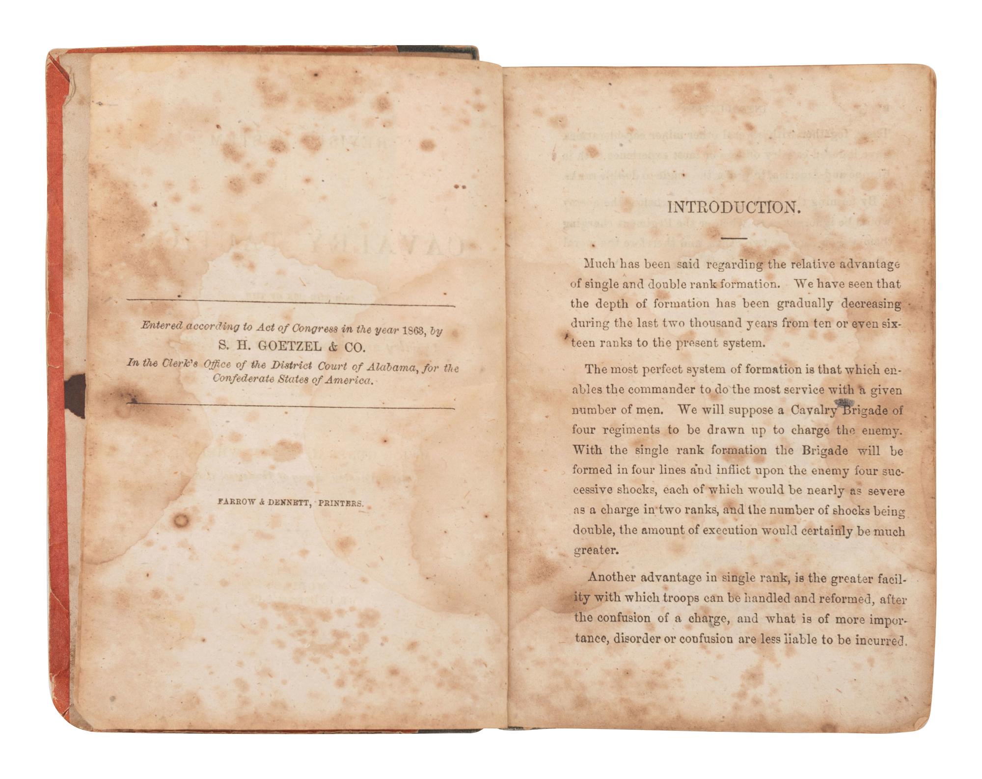 [CIVIL WAR]. WHEELER, Major General Joseph (1836-1906). A Revised System of Cavalry Tactics, for the Use of the Cavalry and Mounted Infantry, C.S.A. Mobile: S.H. Goetzel & Co., 1863.