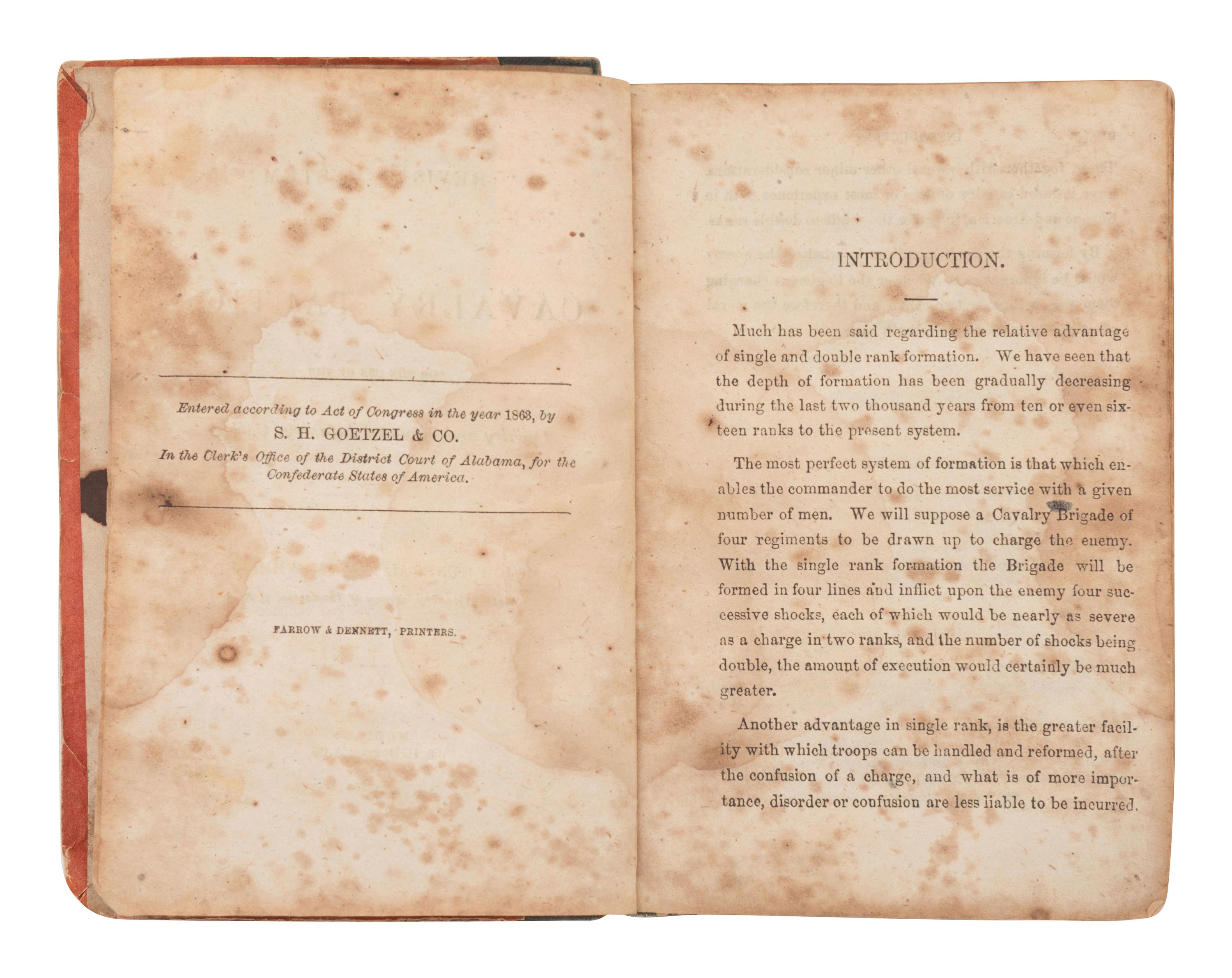 [CIVIL WAR]. WHEELER, Major General Joseph (1836-1906). A Revised System of Cavalry Tactics, for the Use of the Cavalry and Mounted Infantry, C.S.A. Mobile: S.H. Goetzel & Co., 1863.