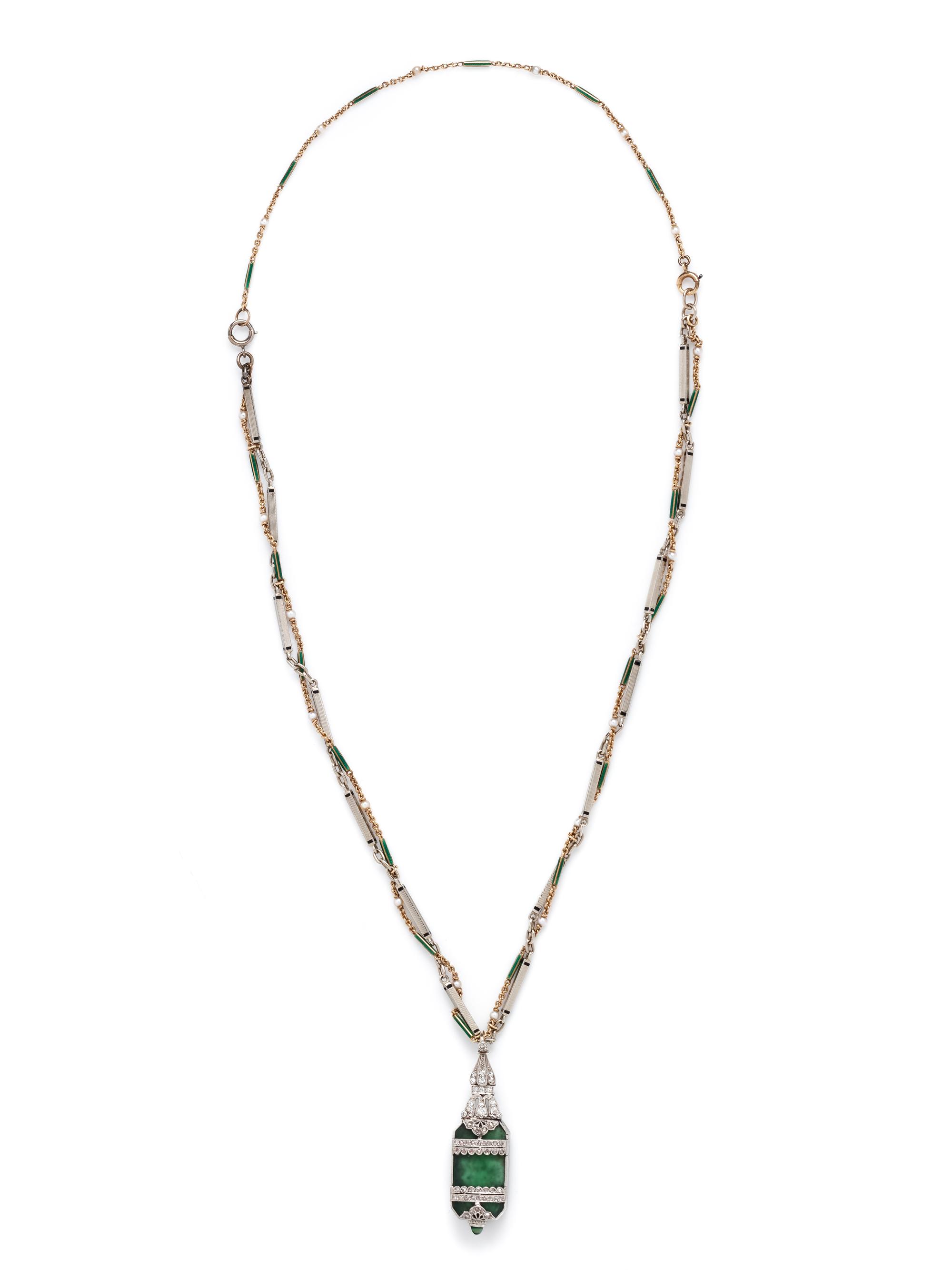 MARCUS & CO., DIAMOND PENDANT WATCH AND FANCY LINK CHAIN
