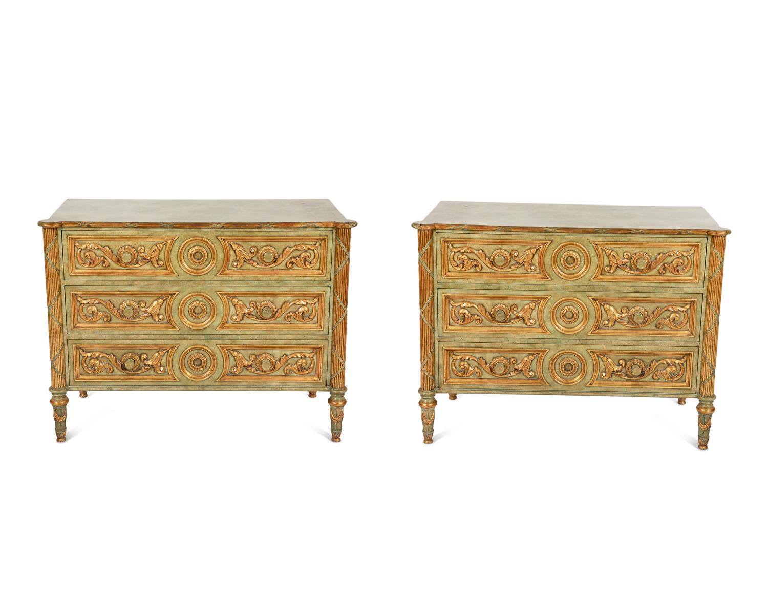 A Pair of Maitland-Smith Painted and Parcel-Gilt Commodes