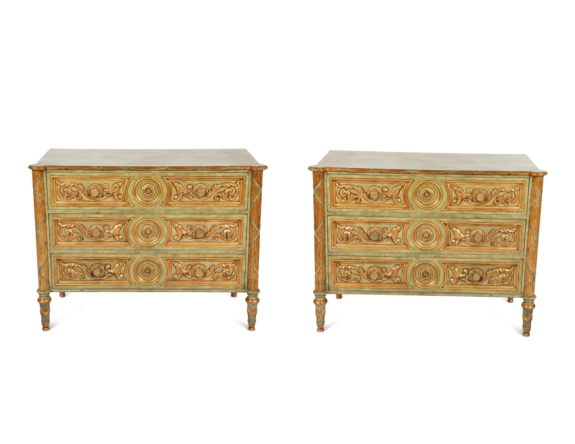 A Pair of Maitland-Smith Painted and Parcel-Gilt Commodes