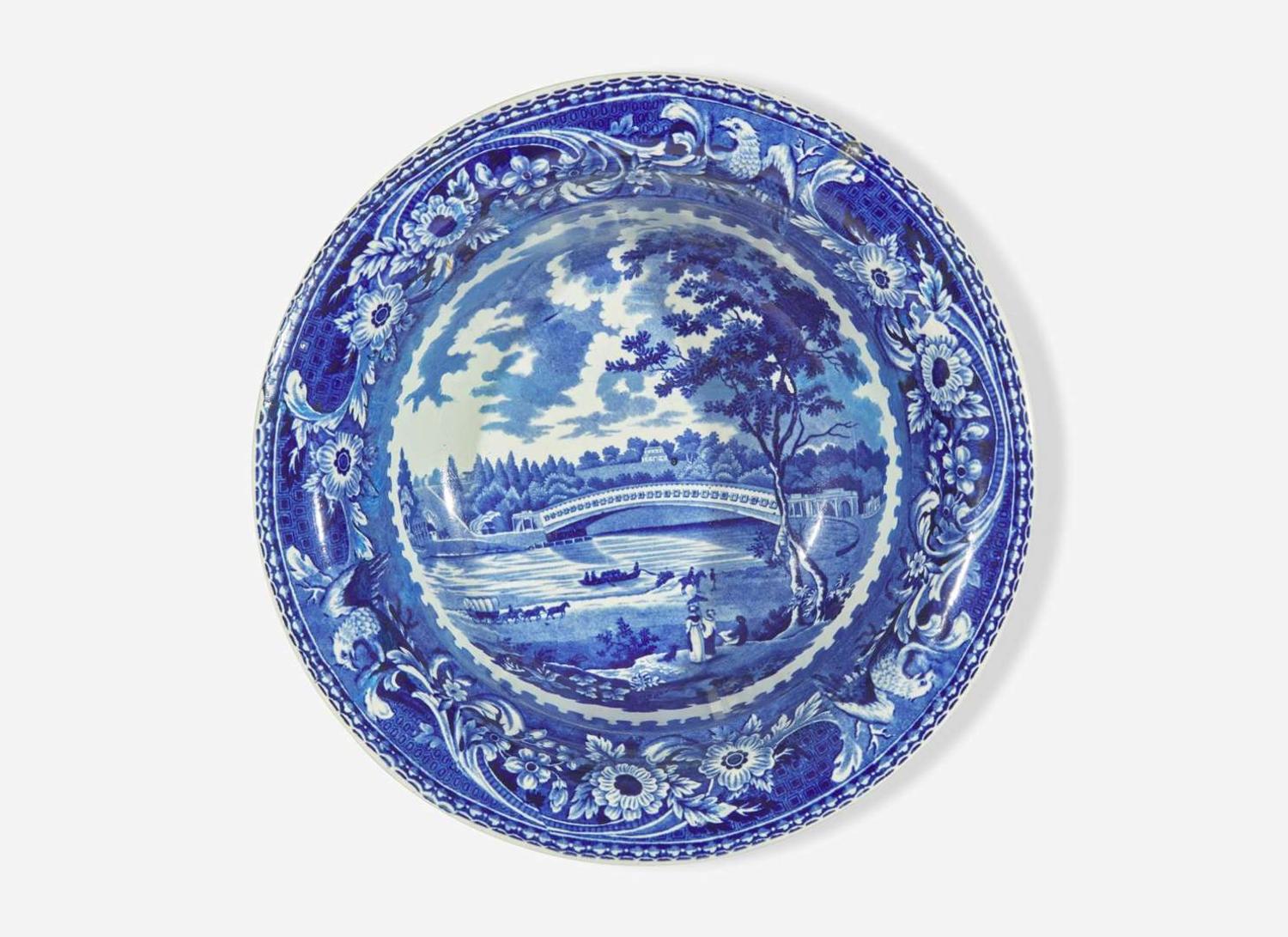 A group of six Historical Blue Staffordshire “Upper Ferry Bridge Over the River Schuylkill" tablewares, Joseph Stubbs, Burslem, England, circa 1830