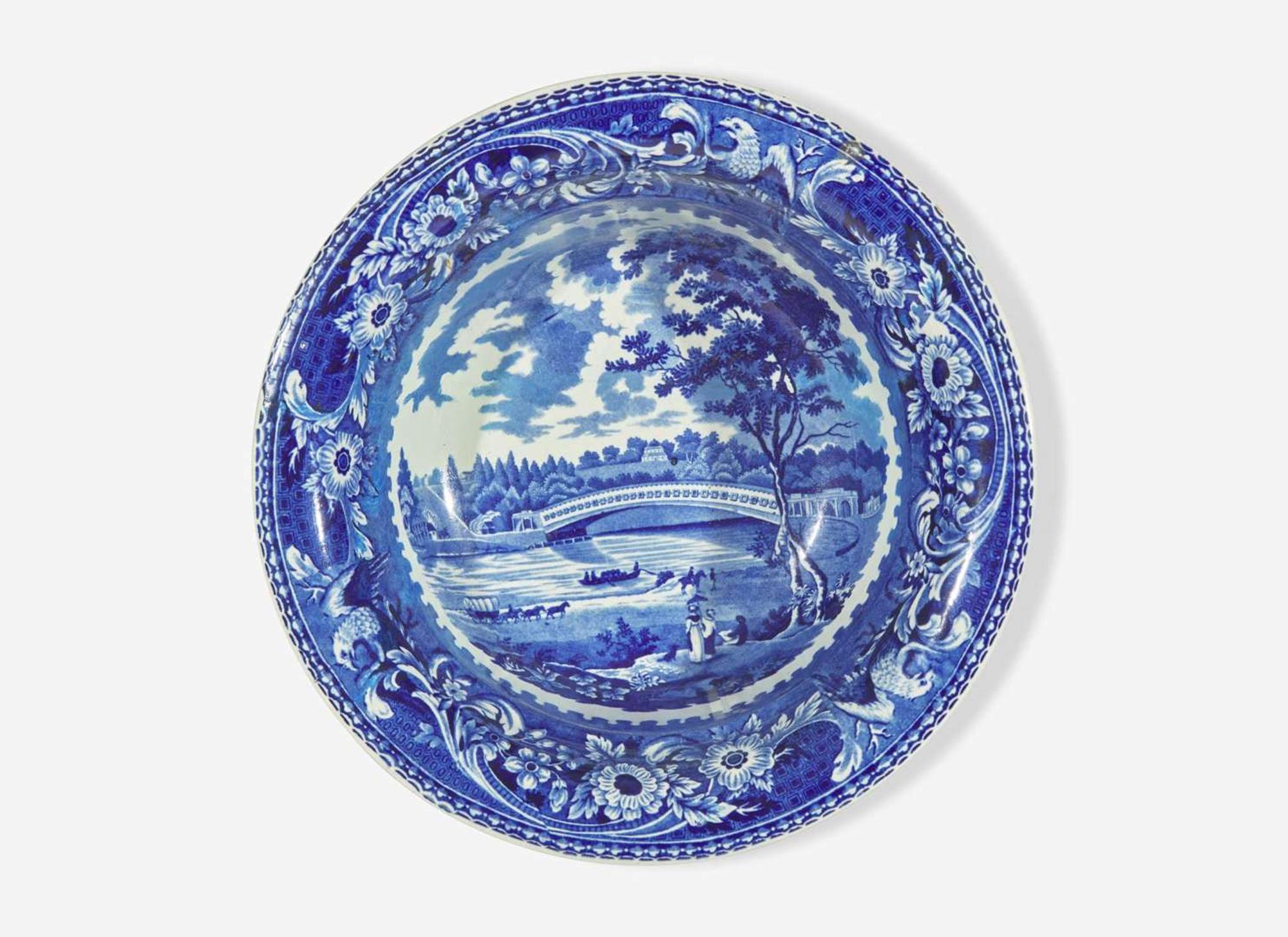 A group of six Historical Blue Staffordshire “Upper Ferry Bridge Over the River Schuylkill" tablewares, Joseph Stubbs, Burslem, England, circa 1830
