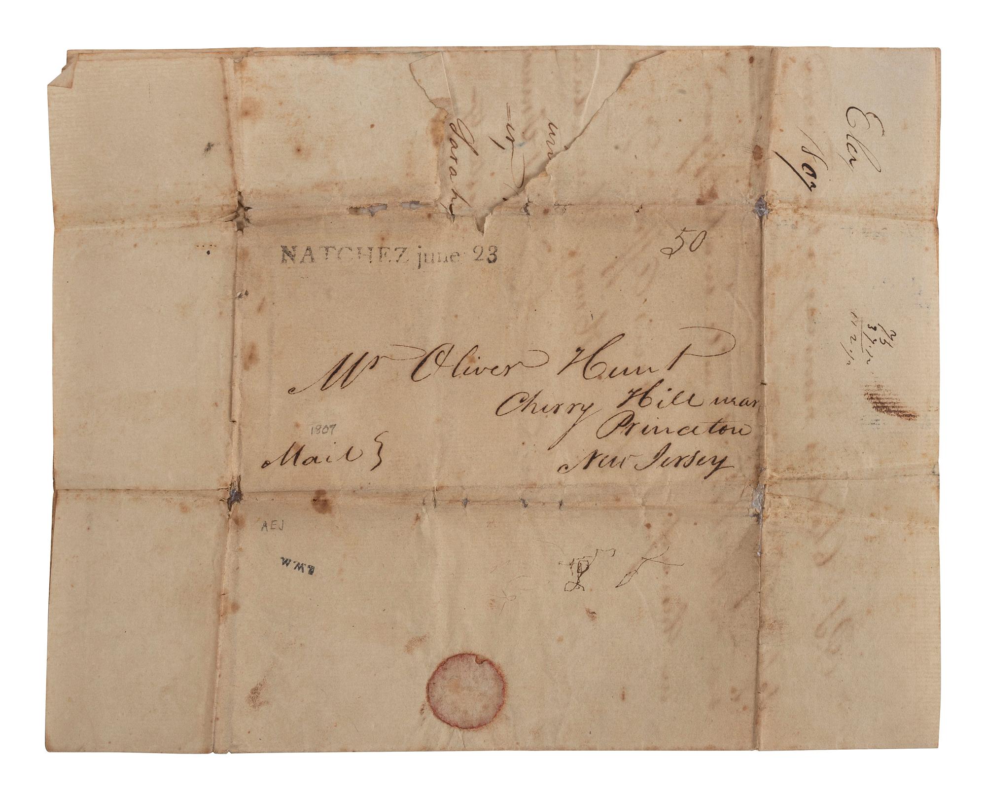 [SLAVERY & ABOLITION]. HUNT, Henry. Autograph letter signed ("Henry Hunt"). Natchez, MS, 22 June 1807. Discussing enslaved people with rare straight line "Natchez" postmarked cover.