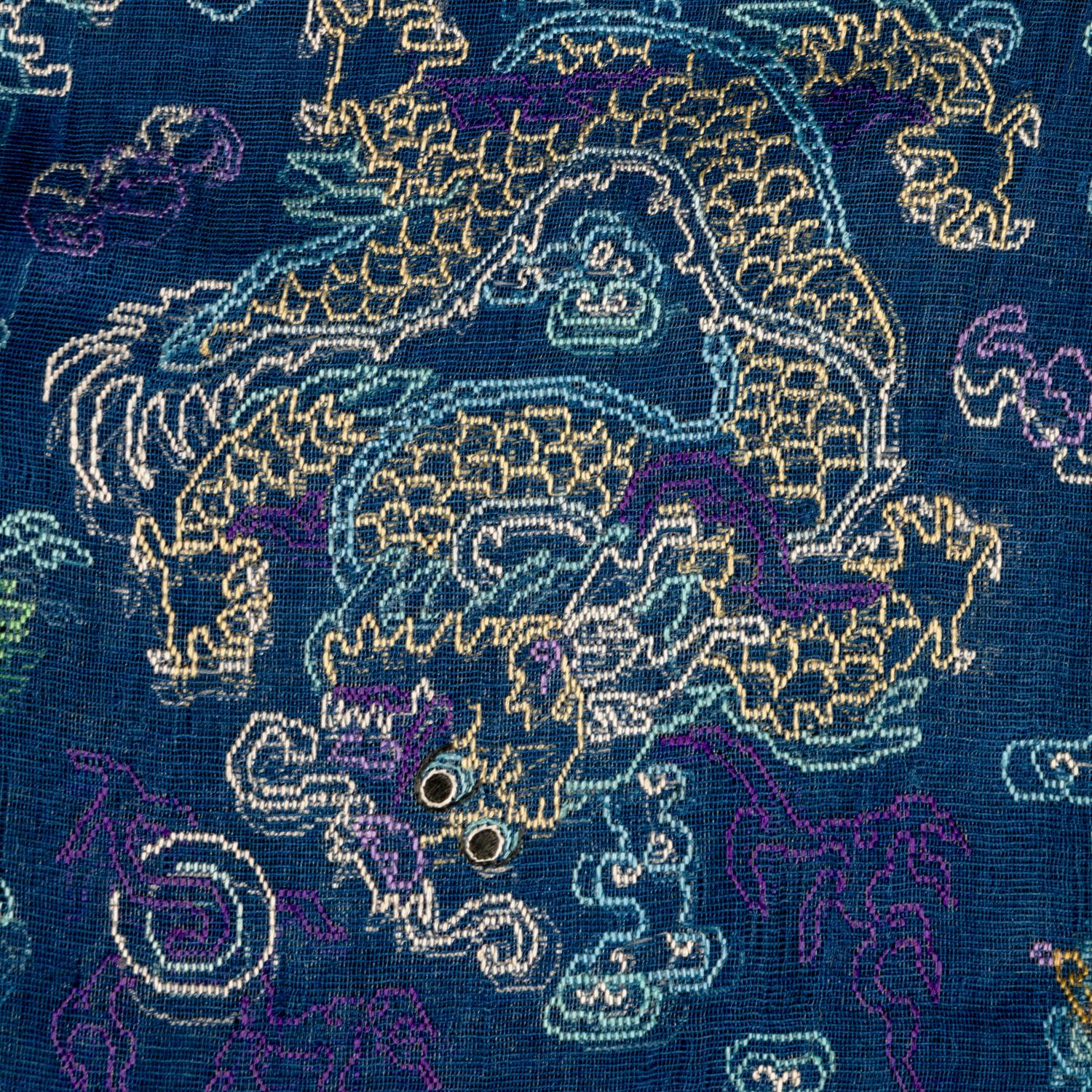 A Chinese Summer Gauze 'Dragon' Robe, Jifu, Late 19th Century 清晚期 藍地納紗繡雲龍紋夏吉服