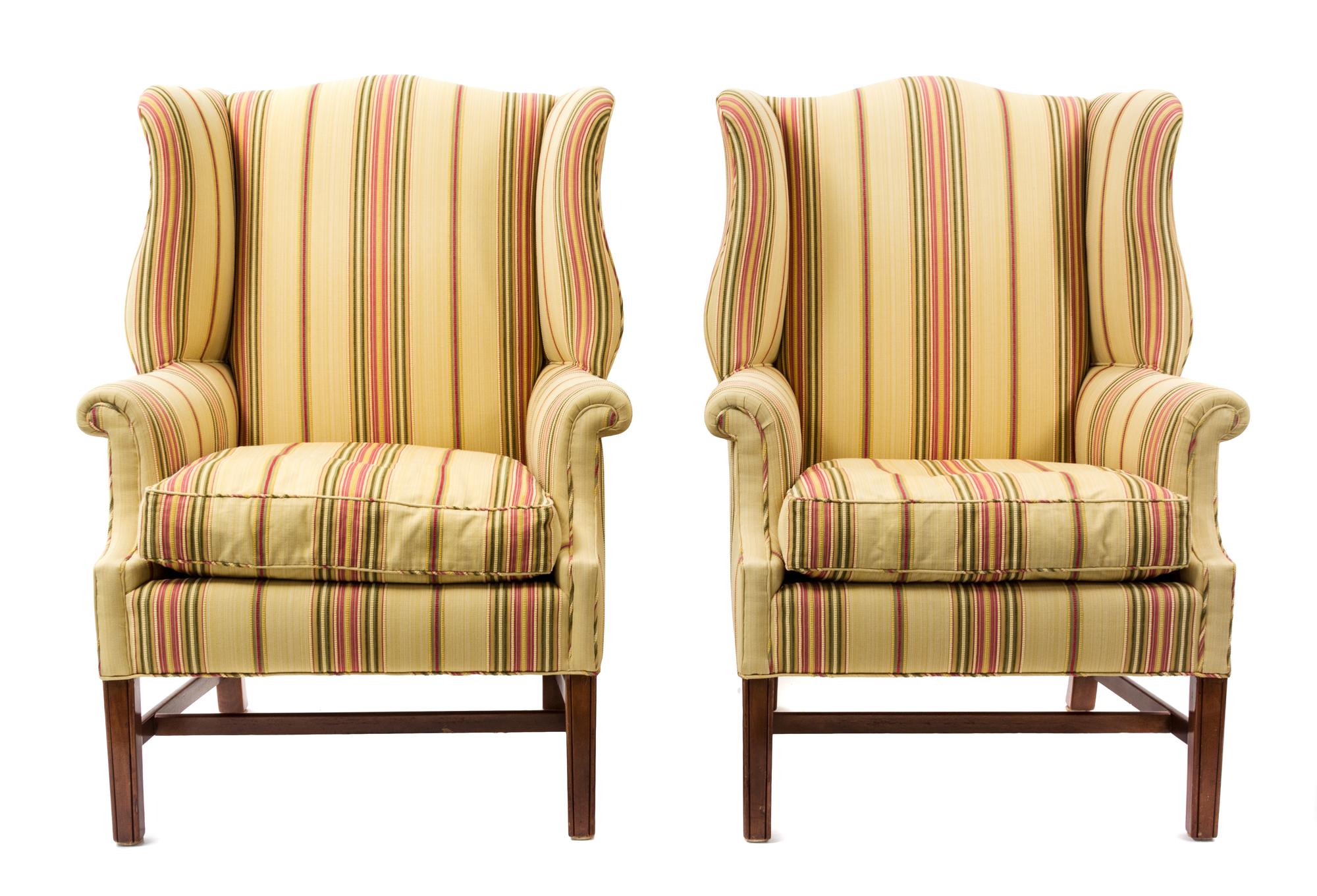 A Pair of George I Style Mahogany Wing Chairs Height 40 1/2 x width 26 1/2 x depth 33 inches. — 20TH CENTURY