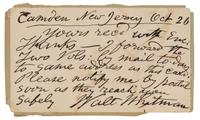 WHITMAN, Walt (1819-1892). Autograph note on postcard signed ("Walt Whitman"), to W. J. Forbes. Camden, New Jersey, 26 October [c.1880]