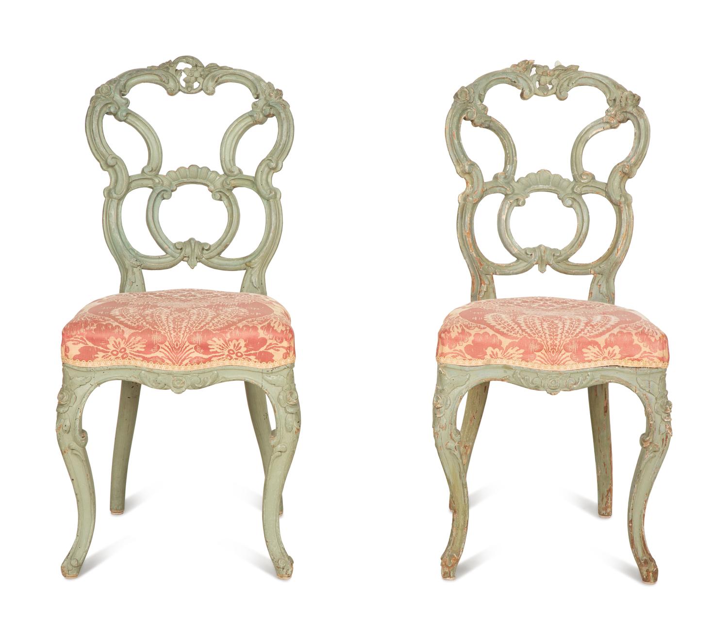 A Pair of Italian Rococo Style Green Painted Side Chairs — 19th Century