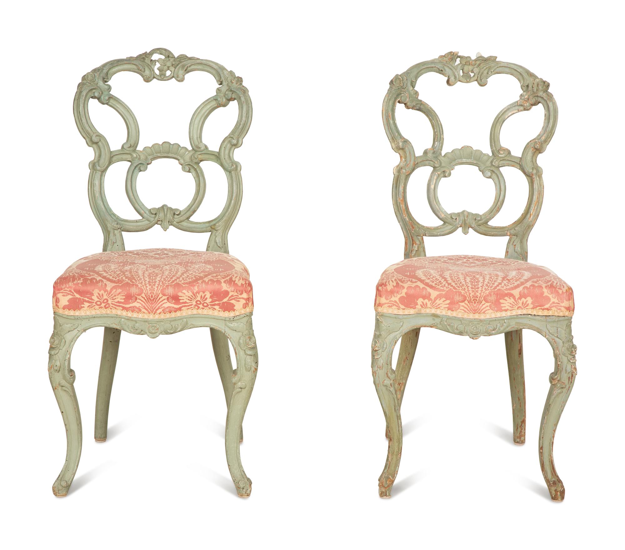 A Pair of Italian Rococo Style Green Painted Side Chairs — 19th Century