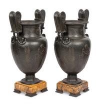 A Pair of Grand Tour Patinated White Metal and Siena Marble Vases