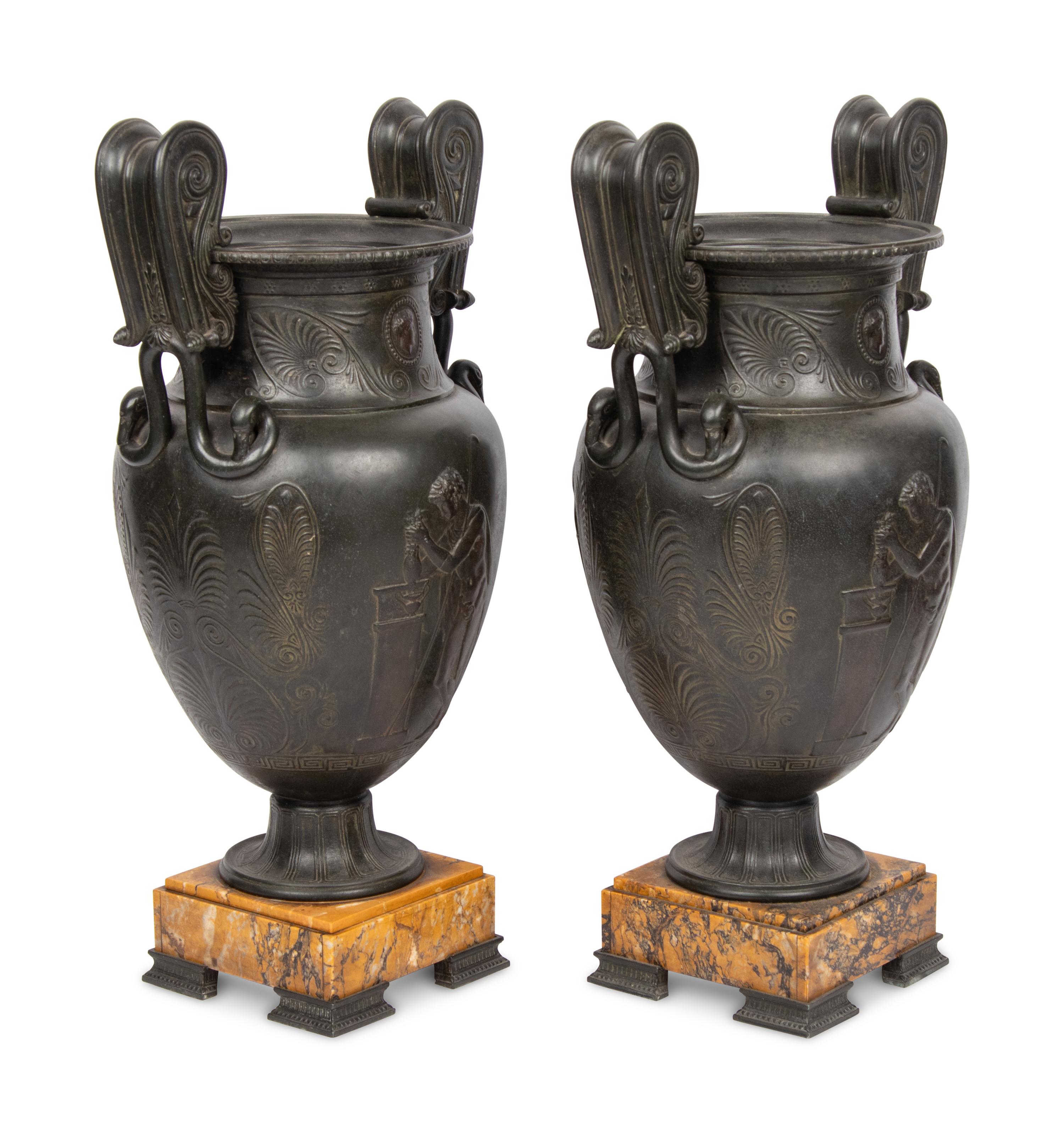 A Pair of Grand Tour Patinated White Metal and Siena Marble Vases