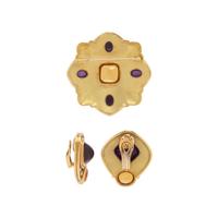 DE VROOMEN, CITRINE, AMETHYST AND ENAMEL BROOCH AND EARRINGS
