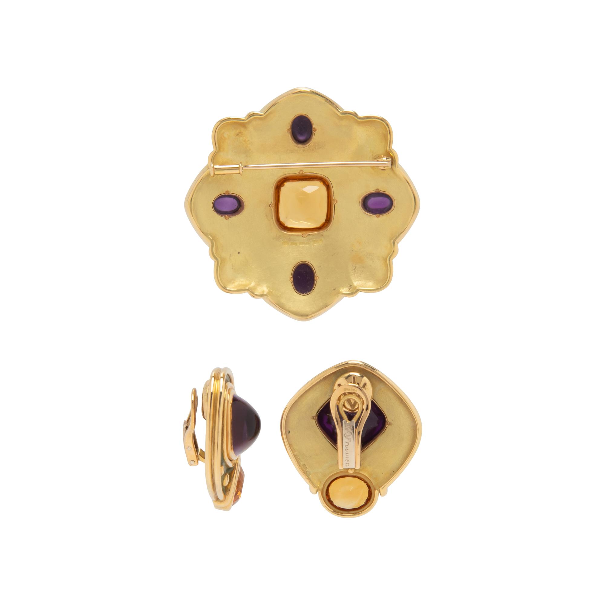 DE VROOMEN, CITRINE, AMETHYST AND ENAMEL BROOCH AND EARRINGS