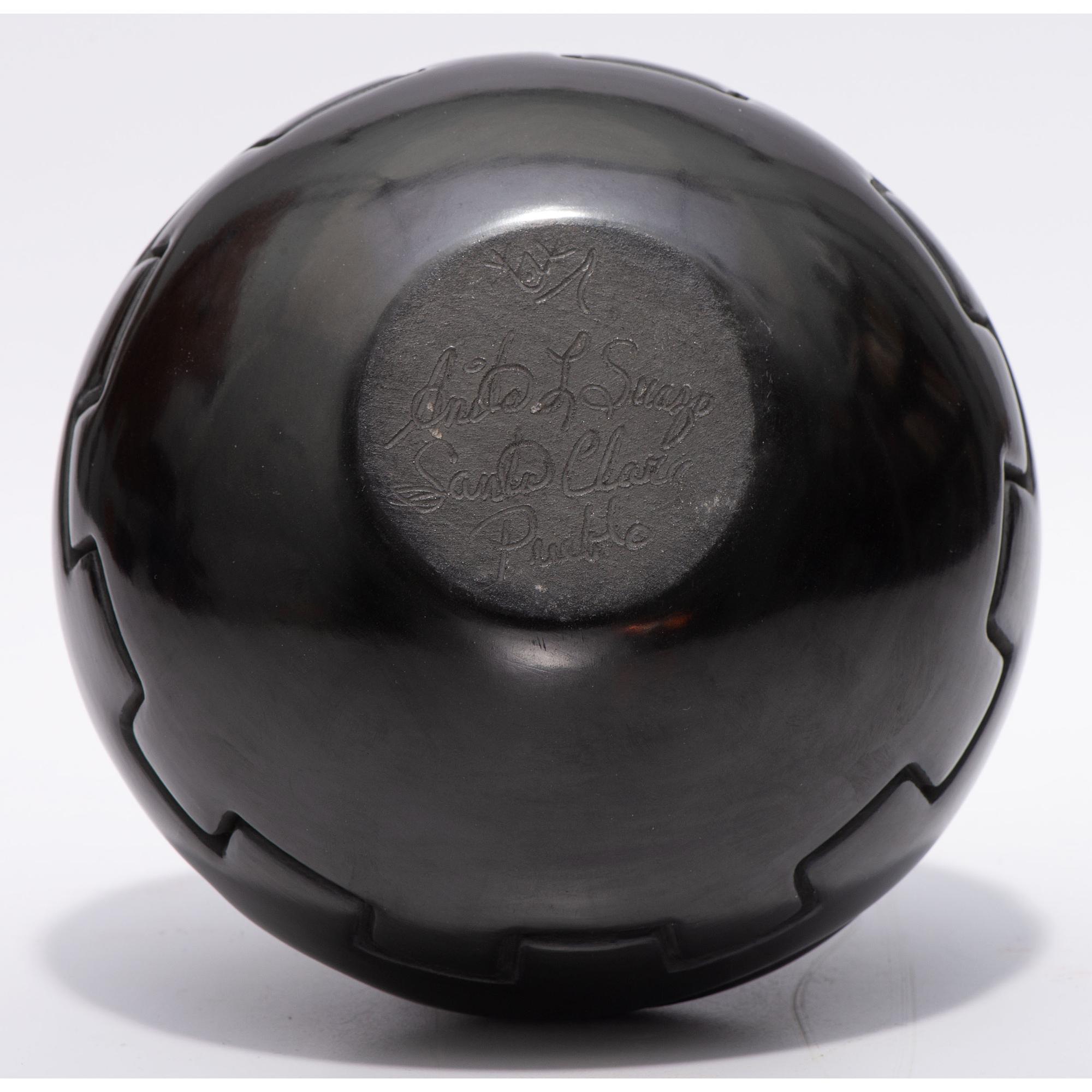 Deeply Carved Blackware Vase, with Avanyu AND Carved Blackware Jar