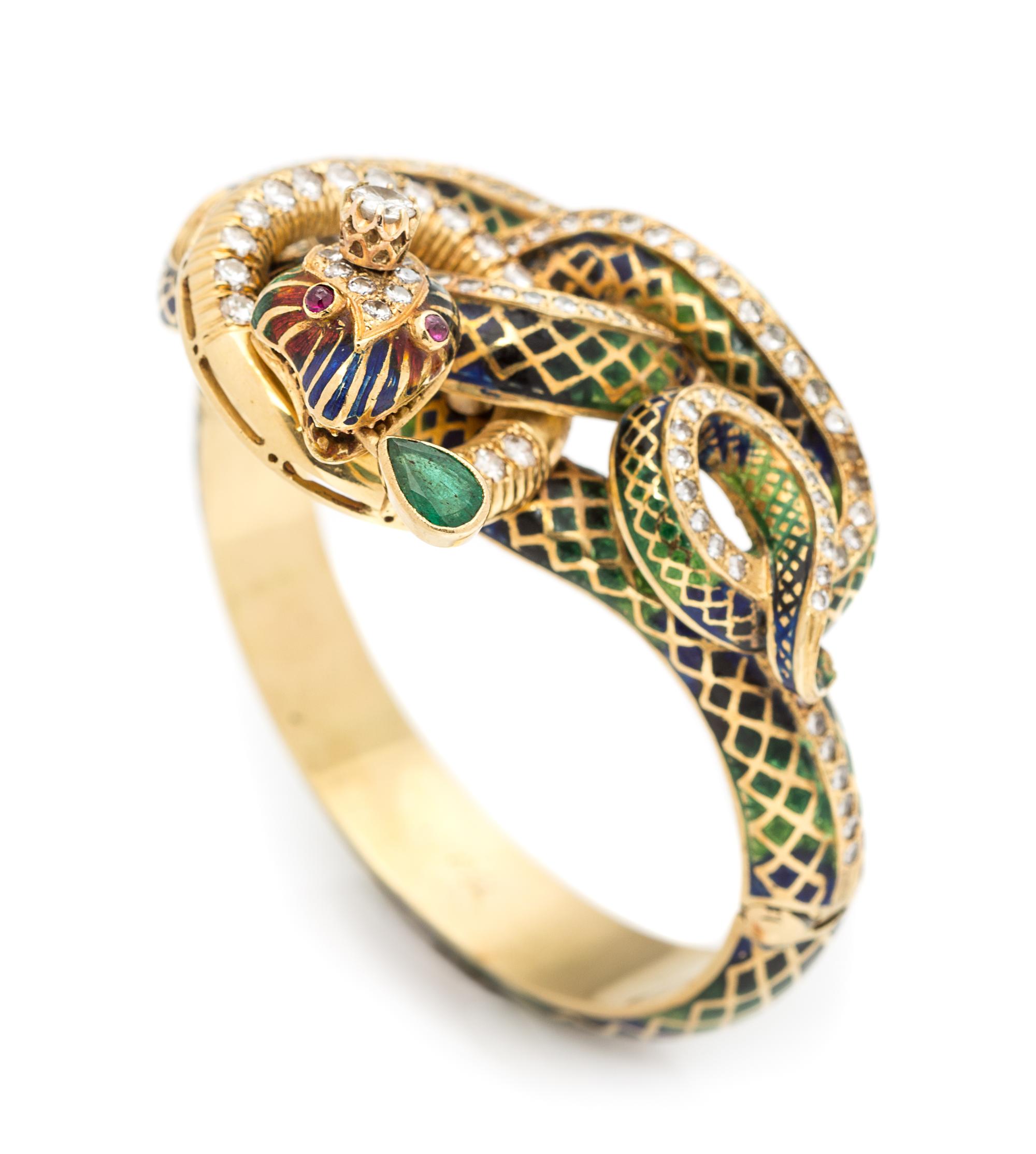 An 18 Karat Yellow Gold, Diamond, Emerald, Ruby and Polychrome Enamel Serpent Bracelet, 58.80 dwts.