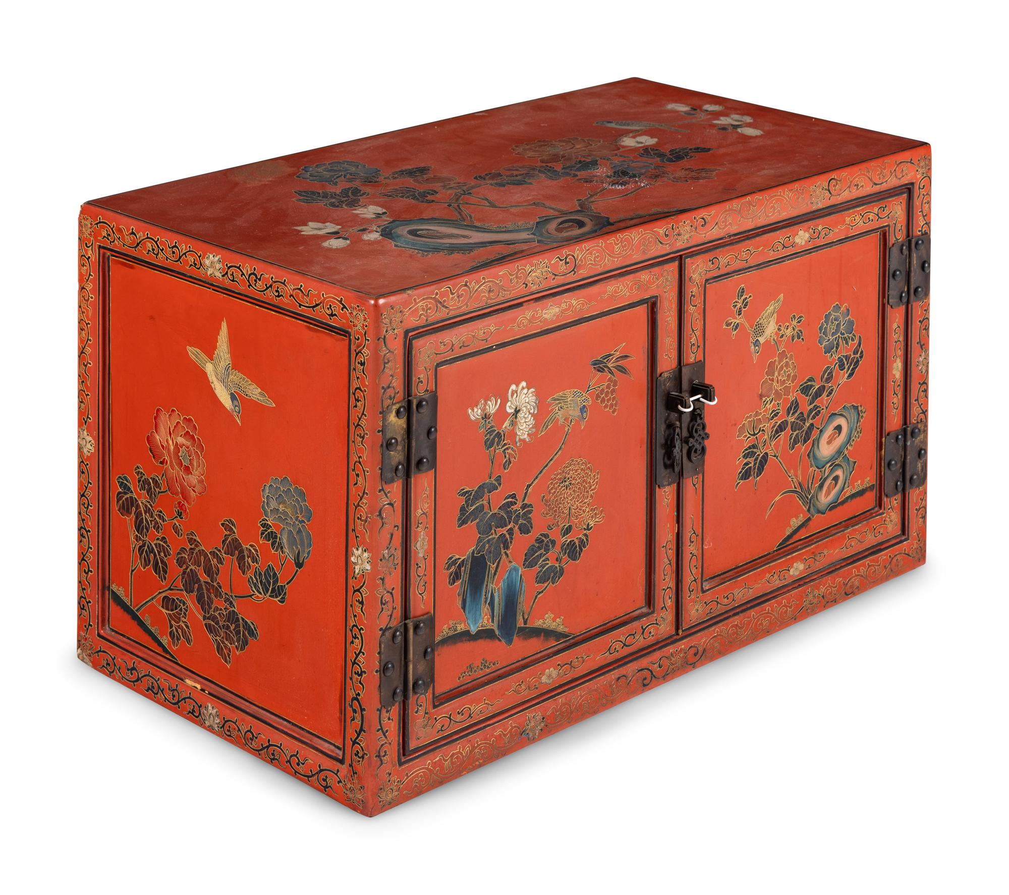 A Chinese Painted and Red Lacquered Chest