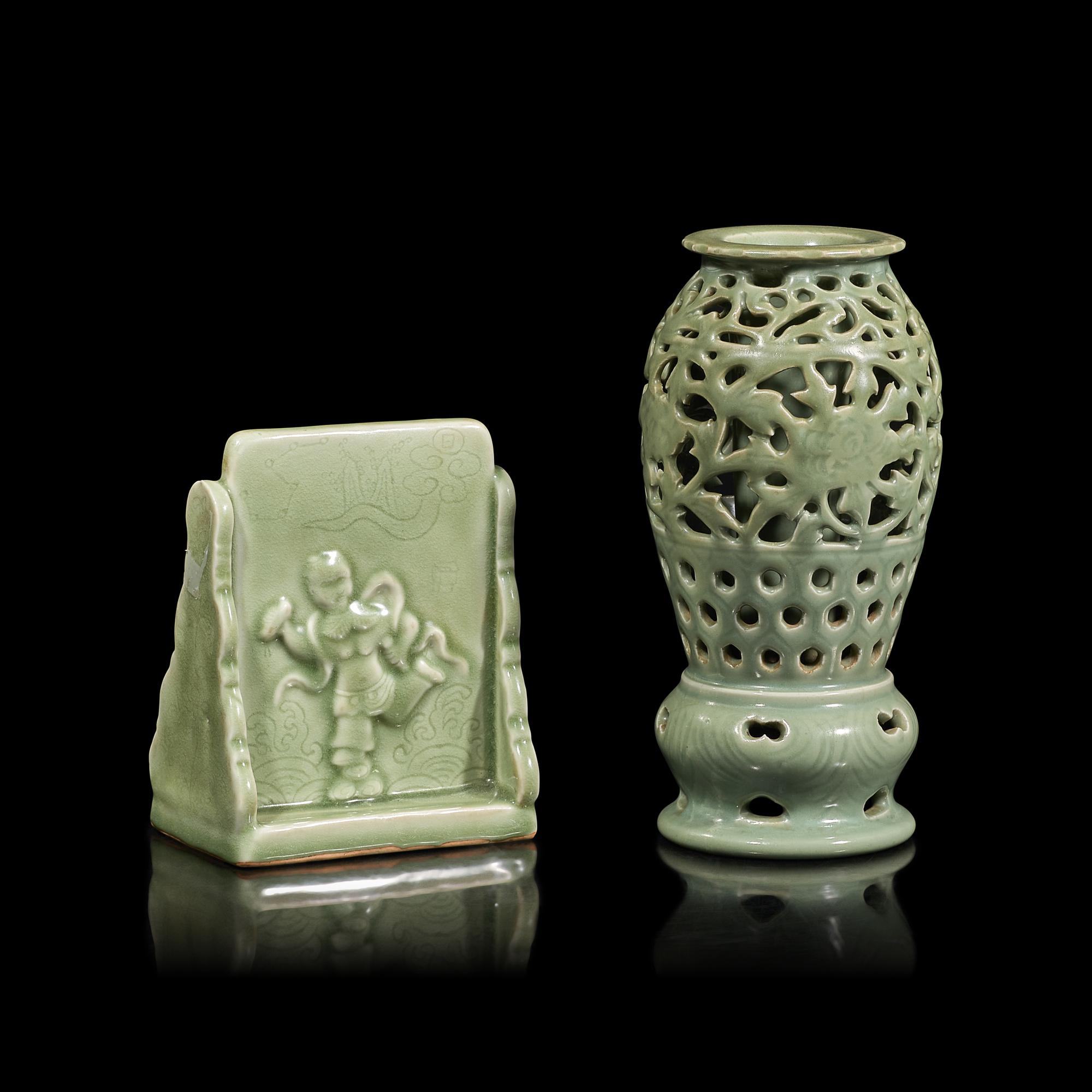 Two Chinese Celadon Glazed Porcelain Articles 豆青釉鏤雕花卉紋瓶及魁星點斗筆筒各一