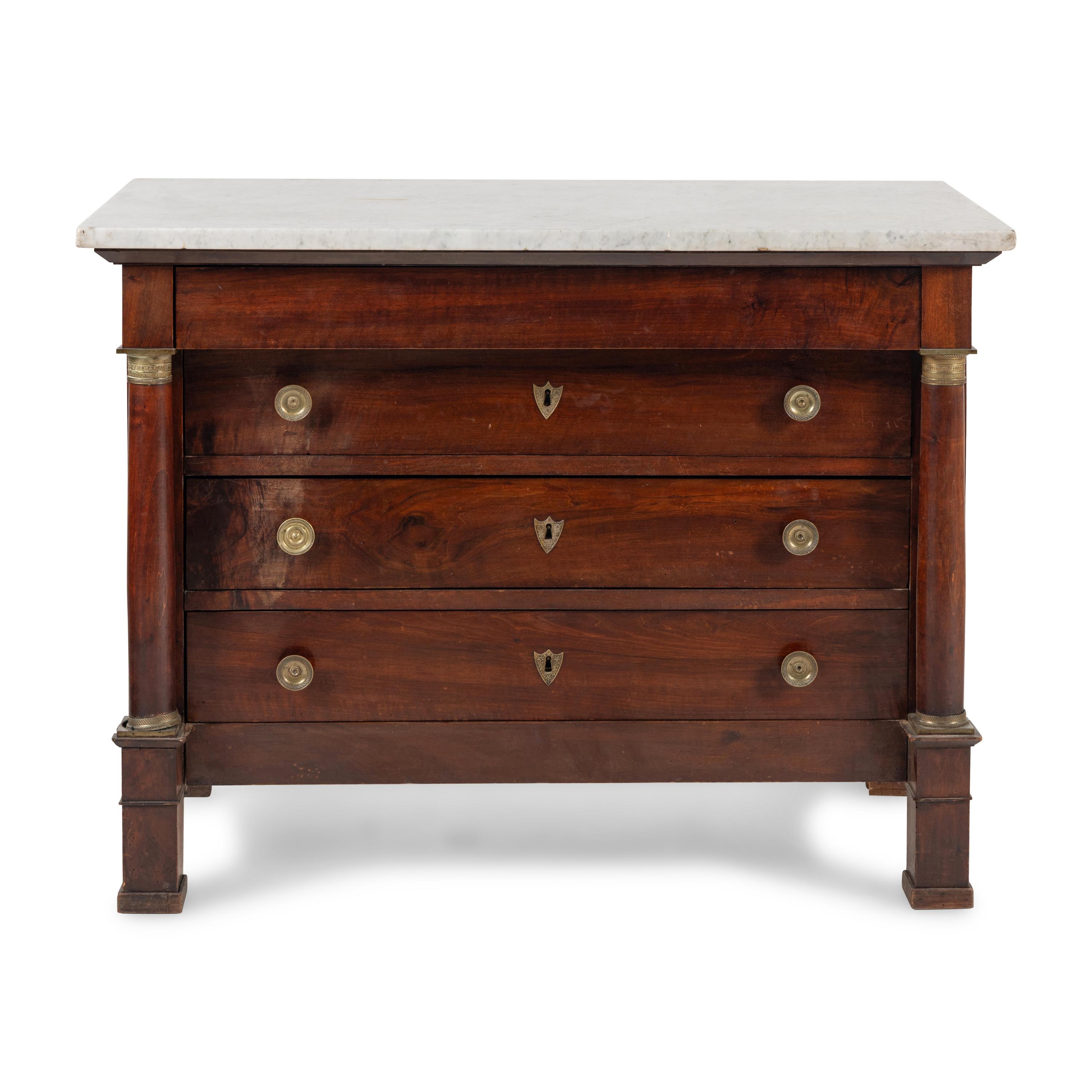 An Empire Gilt-Metal Mounted Walnut Marble-Top Commode
