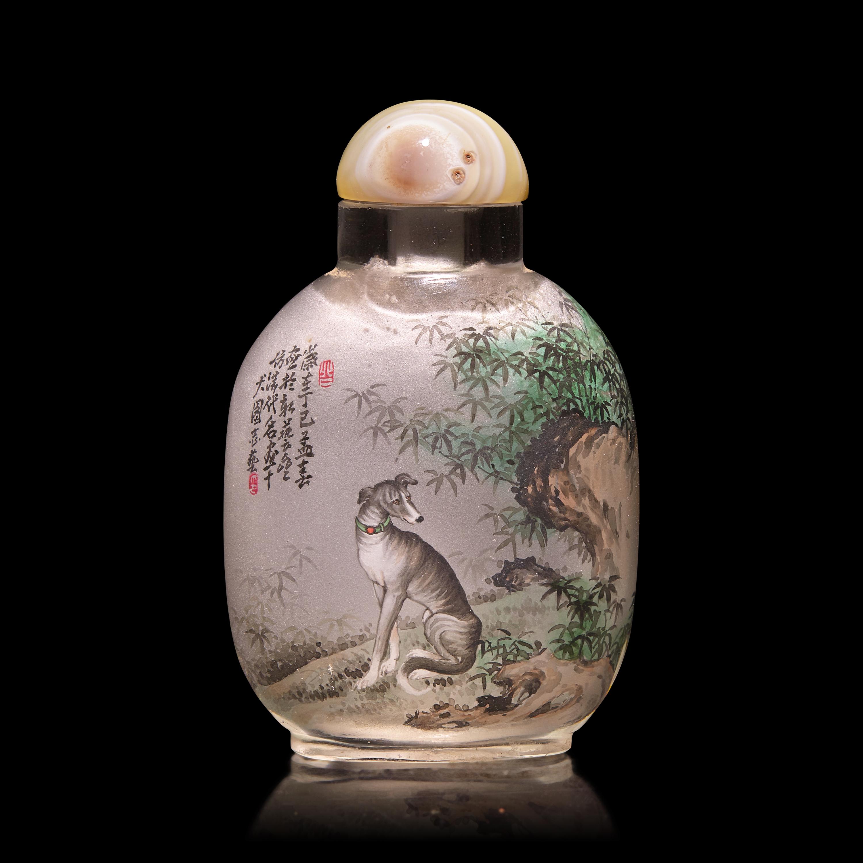 A Chinese Interior-Painted Glass Snuff Bottle After Giuseppe Castiglione — 玻璃內畫仿郎世寧獵犬圖鼻煙壺
