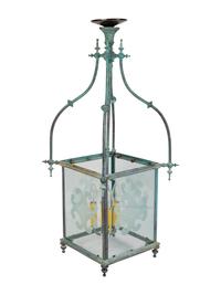 A Copper Patina and Etched Glass Three-Light Hanging Lantern — 20TH CENTURY