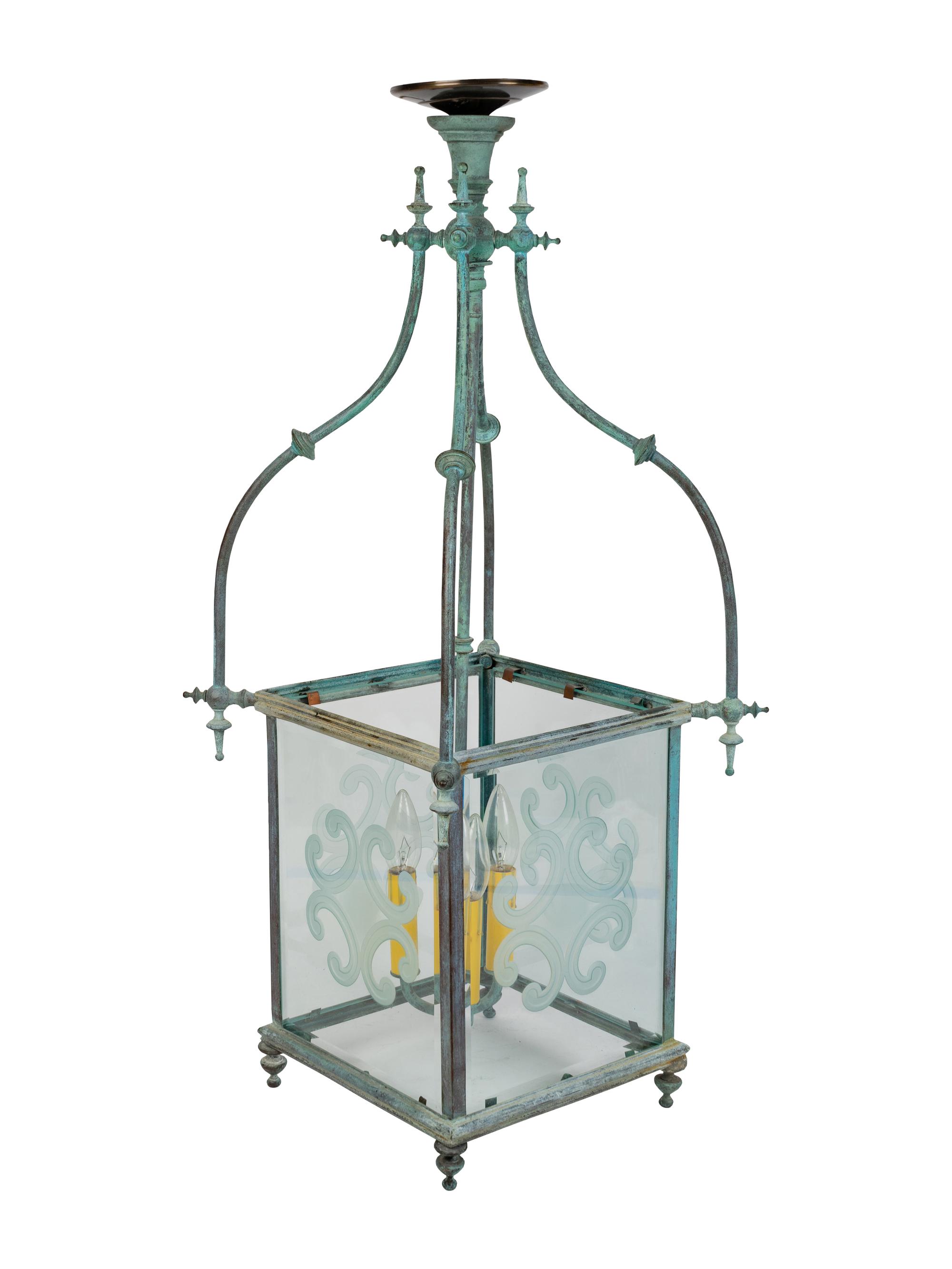 A Copper Patina and Etched Glass Three-Light Hanging Lantern — 20TH CENTURY