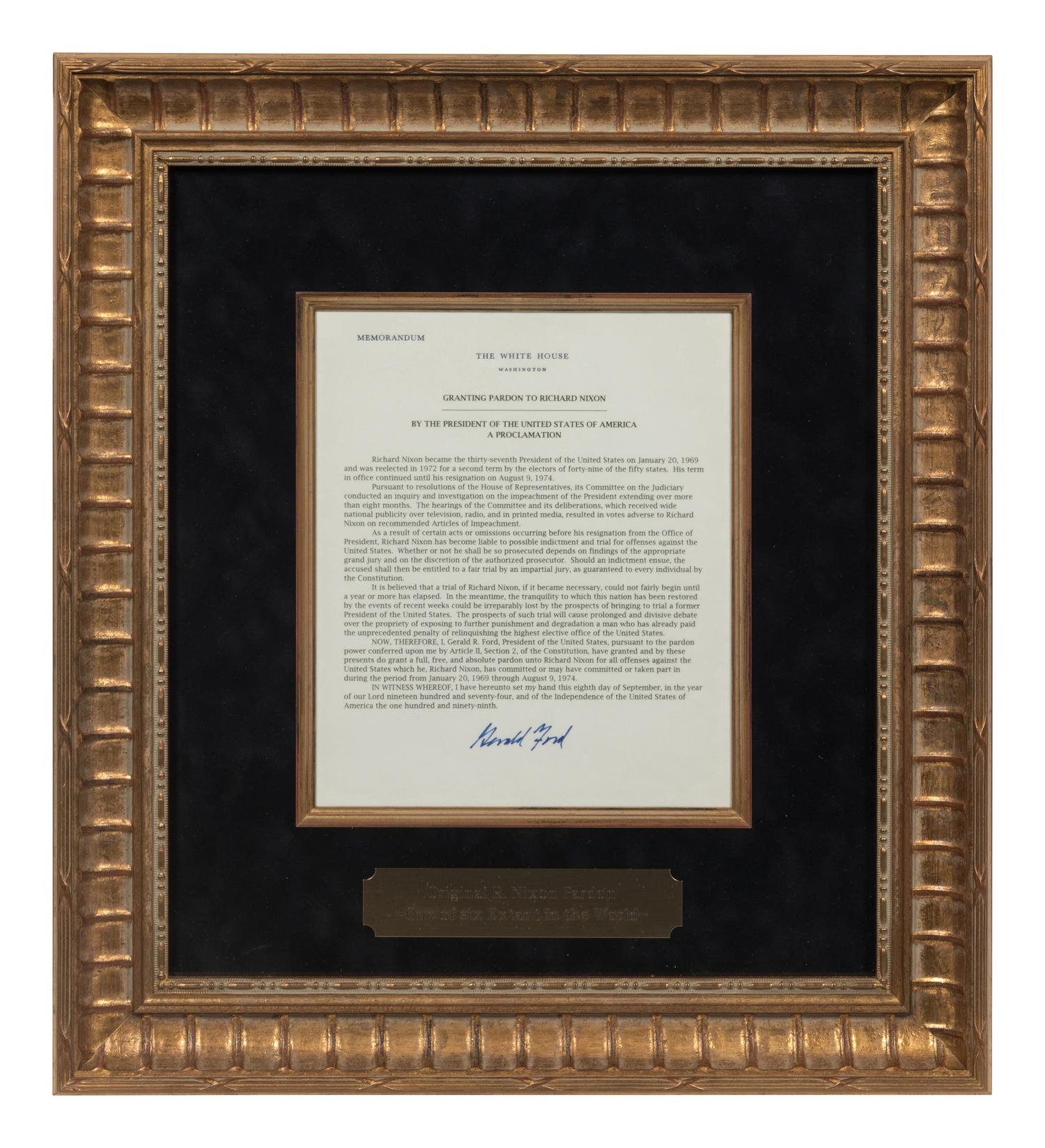 FORD, Gerald R. (1913-2006). Souvenir copy signed, a copy of his message to the American people announcing the pardon of Richard M. Nixon. Washington, D. C., The White House, n.d.