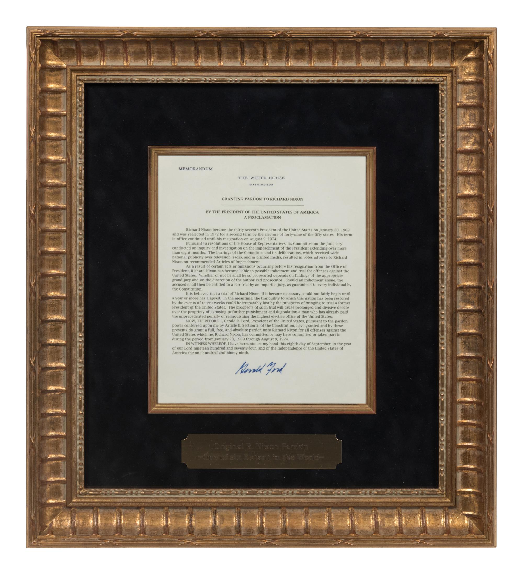 FORD, Gerald R. (1913-2006). Souvenir copy signed, a copy of his message to the American people announcing the pardon of Richard M. Nixon. Washington, D. C., The White House, n.d.