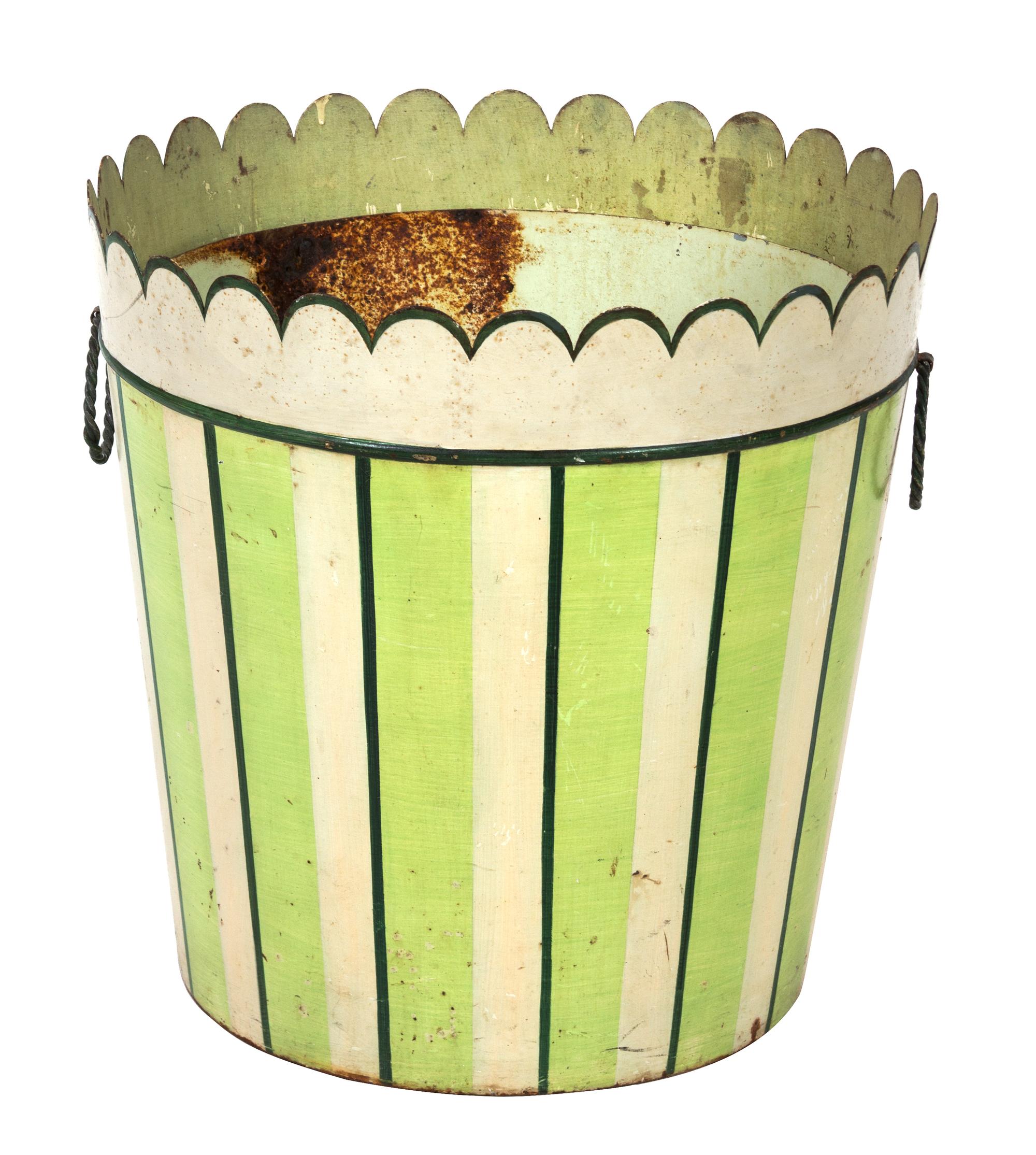 A Green and White Painted Tole Bucket Height 18 inches. — 20TH CENTURY