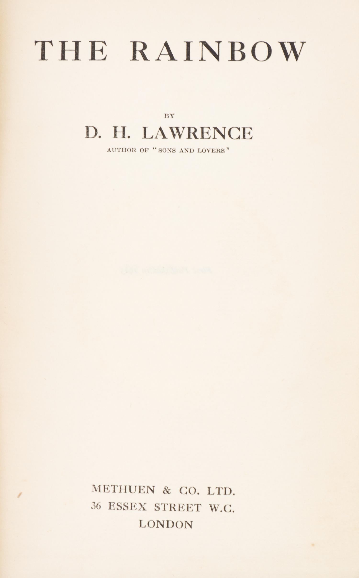LAWRENCE, D.H. The Rainbow. London, (1915). First edition.