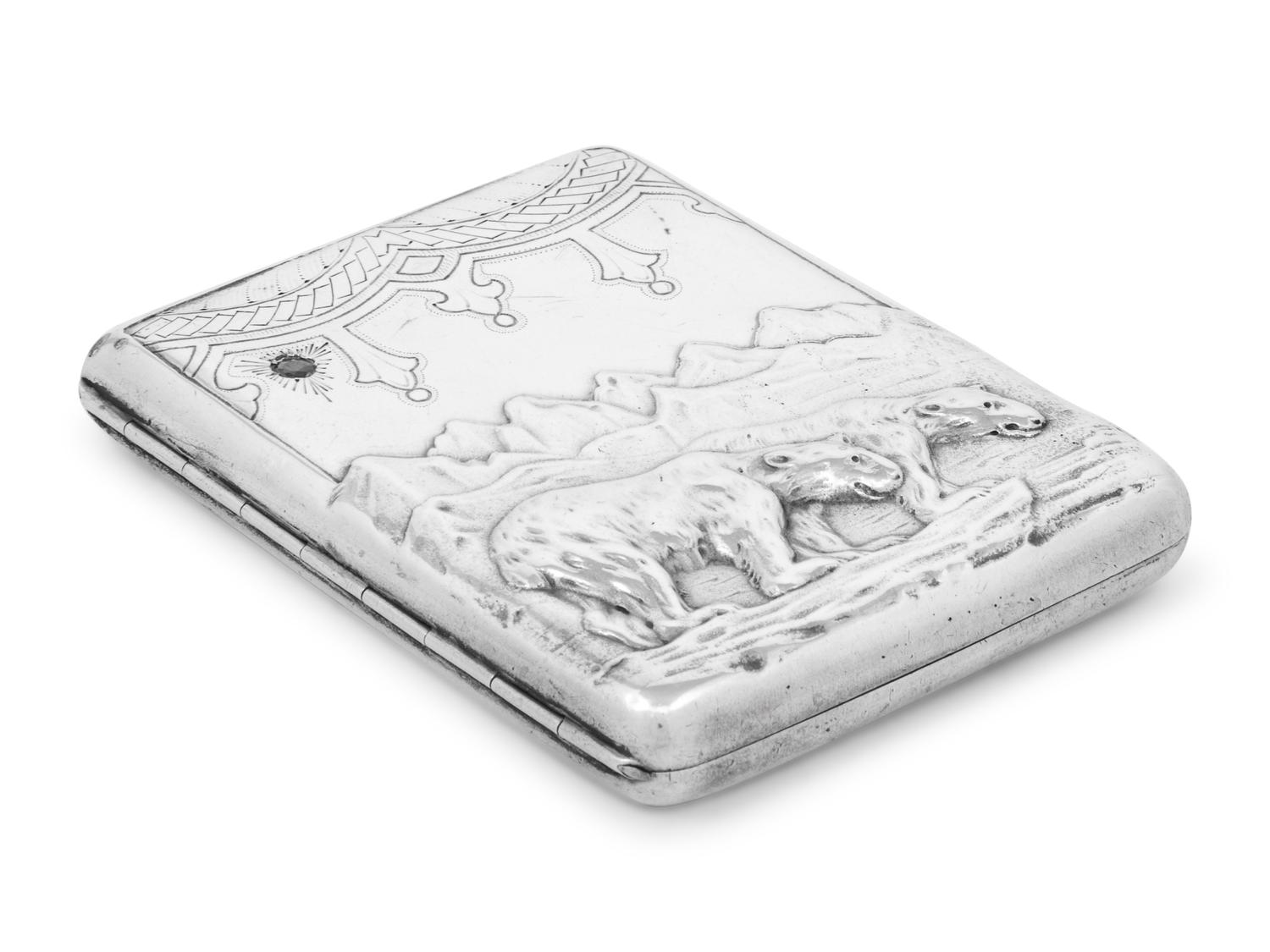 A Russian Silver and Emerald-Inset Cigarette Case