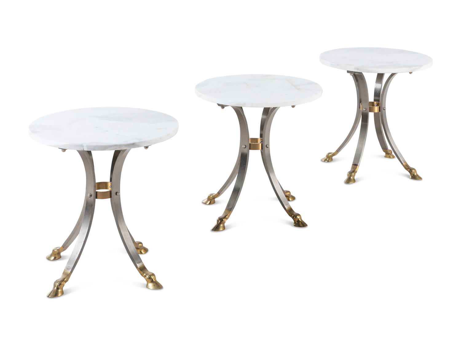 Three Steel and Brass Marble-Top Side Tables