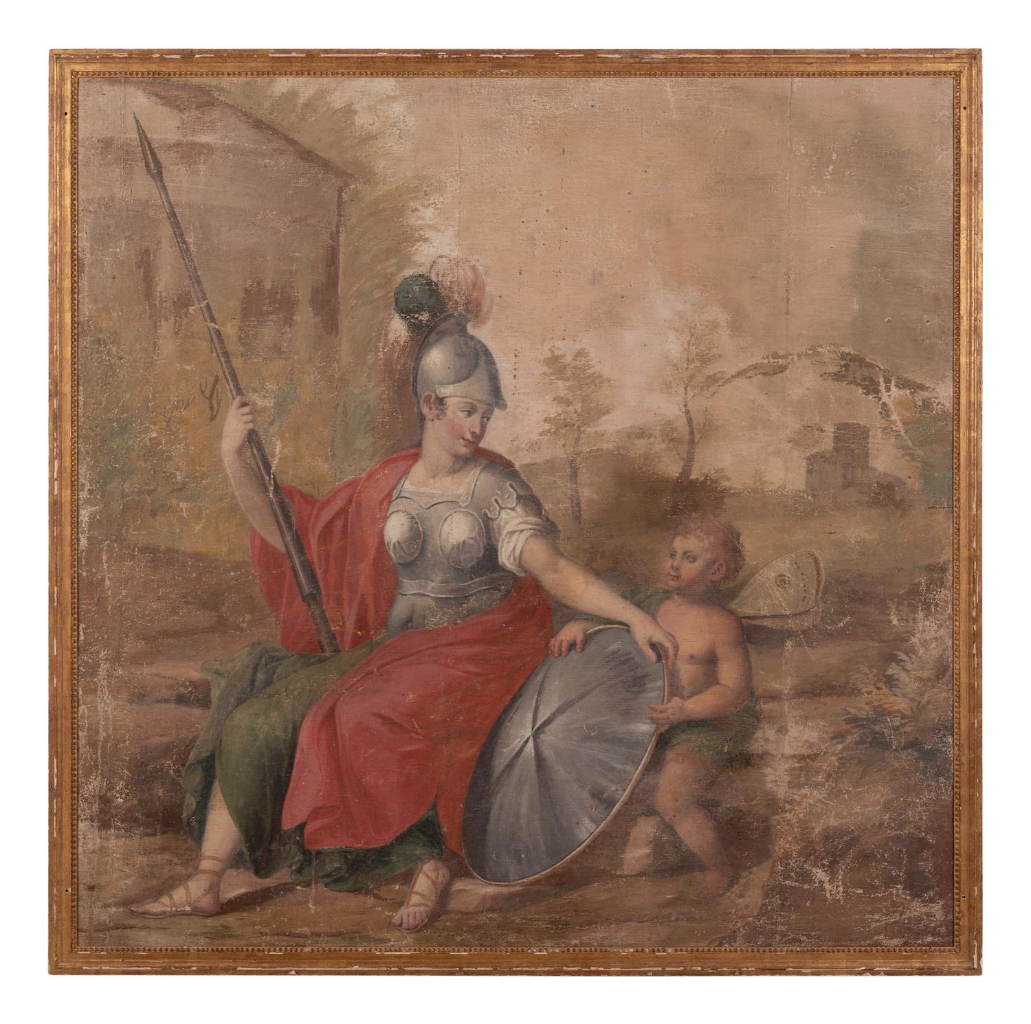 A Continental Painted Canvas Scenic Panel
