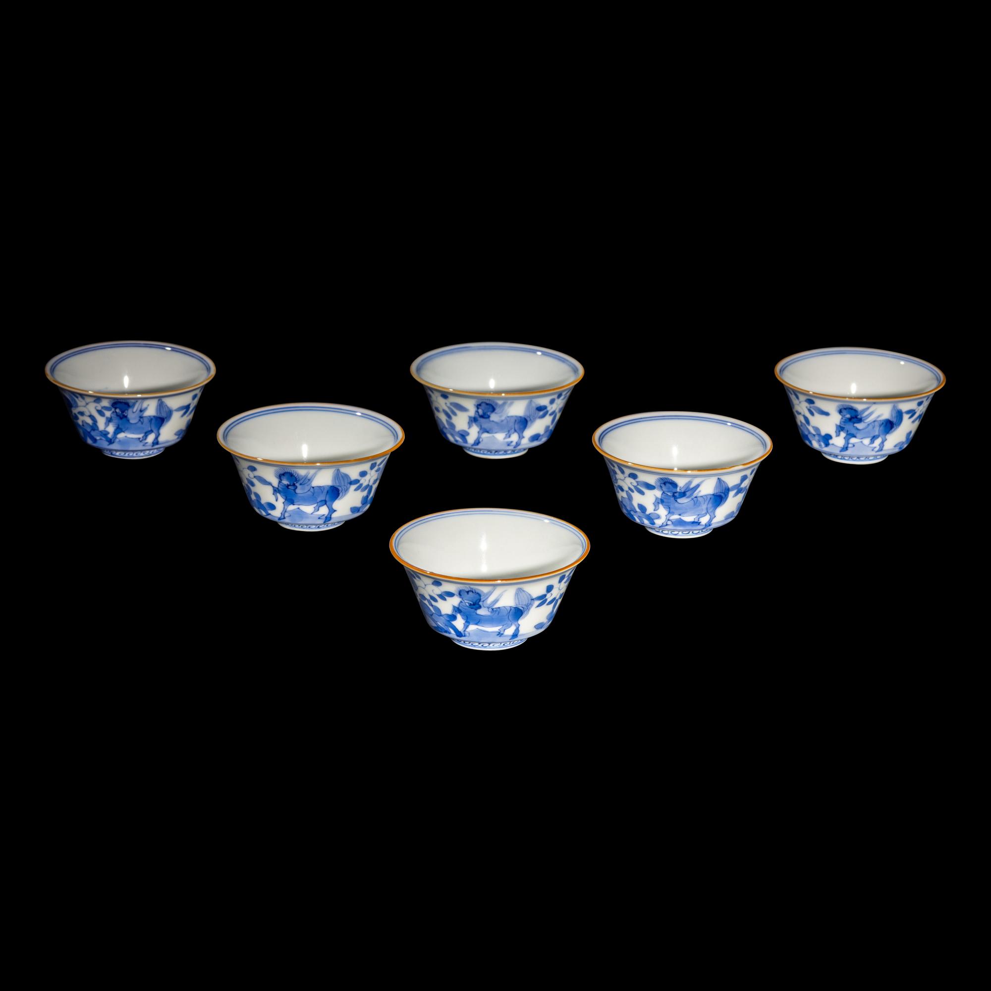 A Set of Six Blue and White 'Qilin' Porcelain Cups 青花麒麟紋杯六隻
