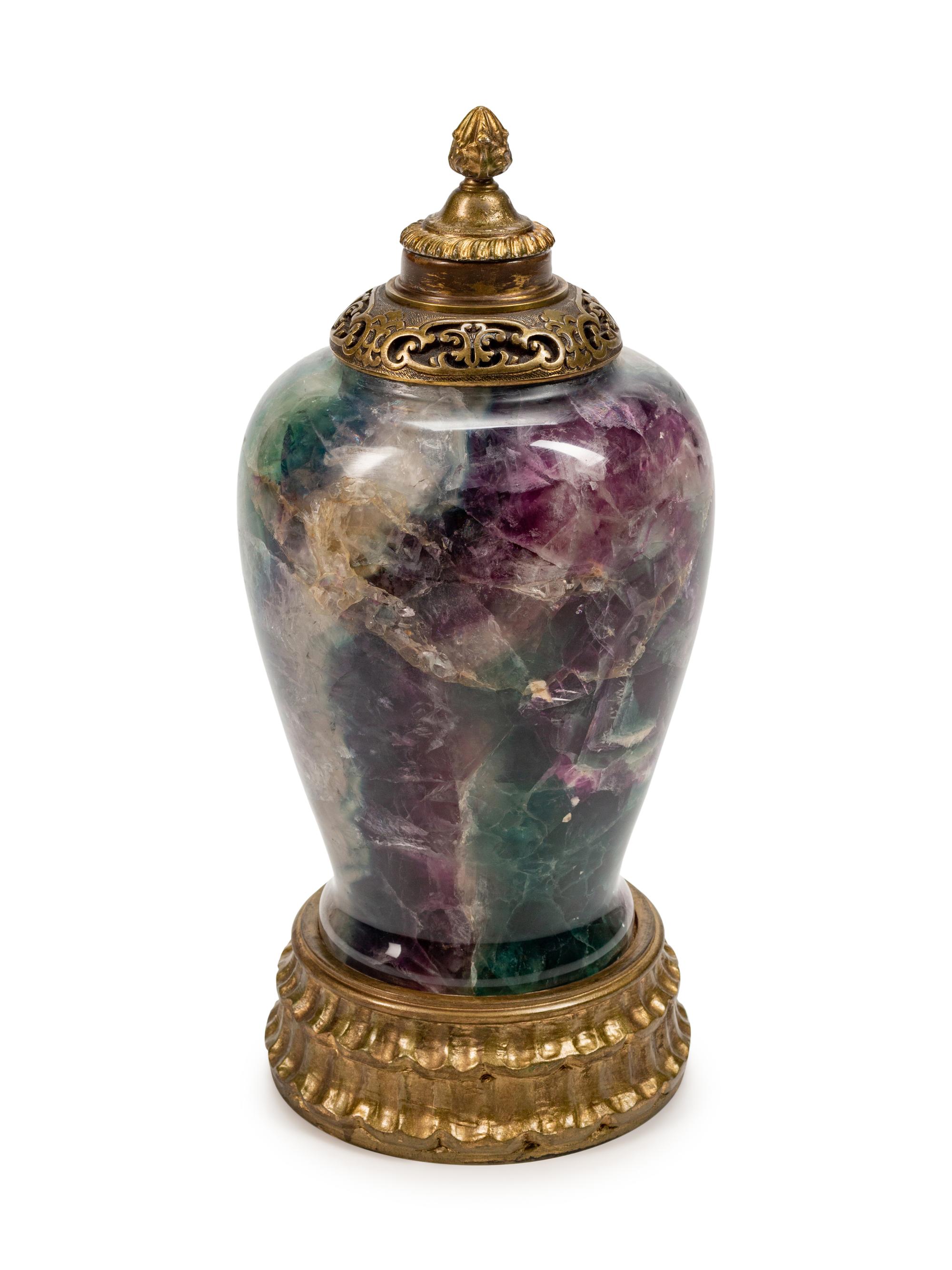 A Chinese Gilt-Bronze-Mounted Carved Flourite Urn
