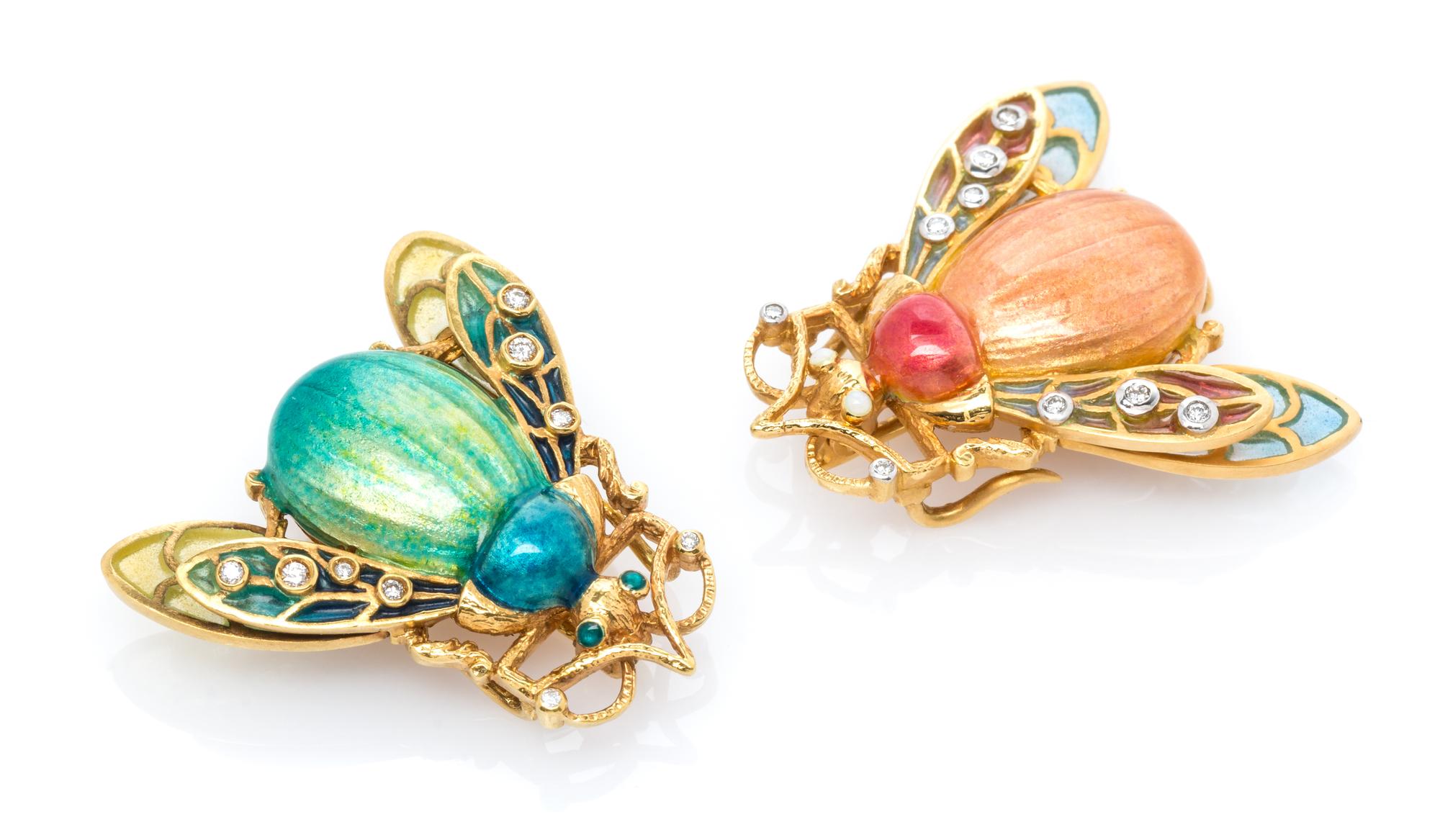 A Collection of 18 Karat Yellow Gold, Polychrome Enamel and Diamond Bug Pendant/Brooches, Masriera, 12.20 dwts.