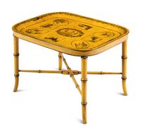 An English Yellow Tole Tray on Faux Bamboo Stand