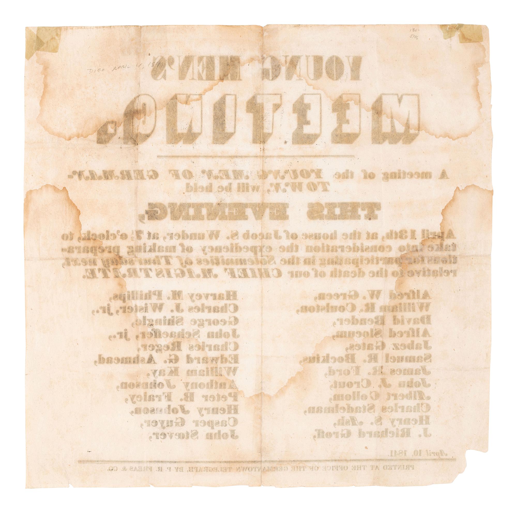 [HARRISON, William Henry (1773-1841)]. Funeral broadside. [Germantown]: Germantown Telegraph, P.R. Freas & Co., 10 April 1841.