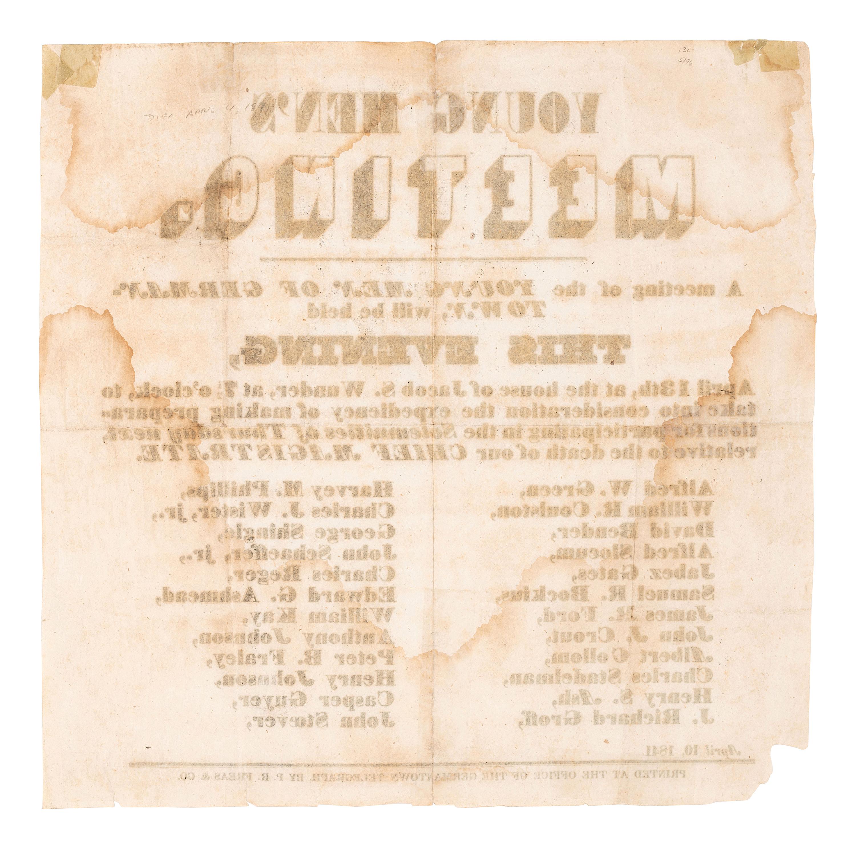 [HARRISON, William Henry (1773-1841)]. Funeral broadside. [Germantown]: Germantown Telegraph, P.R. Freas & Co., 10 April 1841.
