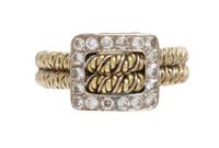 A 14 Karat Two Tone Gold and Diamond Buckle Motif Ring, 5.50 dwts.