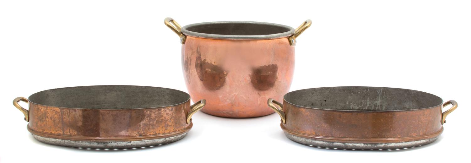Three Copper and Brass Cooking Vessels Length of oval 14 1/4 inches. — 20TH CENTURY