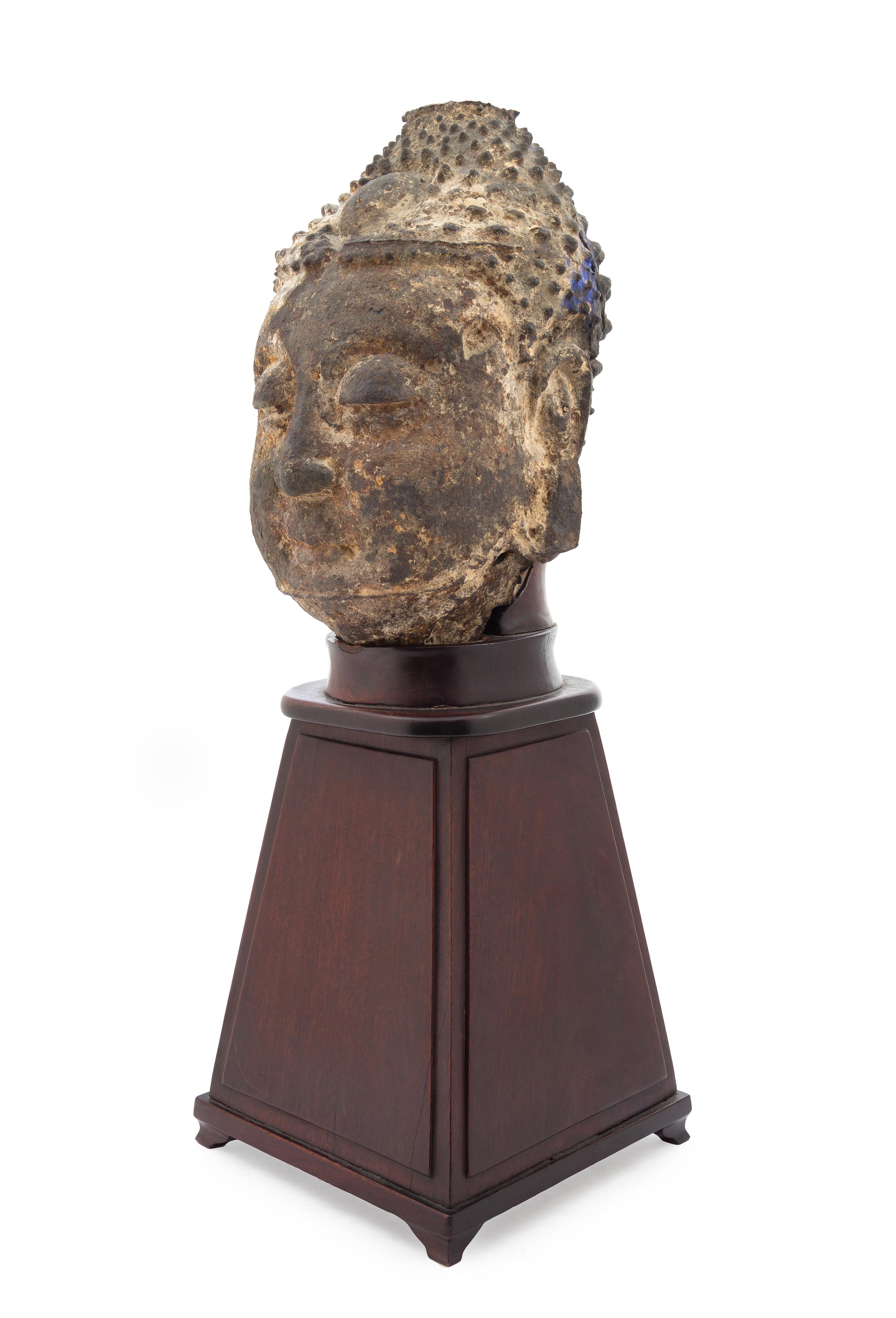 A Large Chinese Iron Head of Buddha MING DYNASTY Height of head 14 inches. — MING DYNASTY