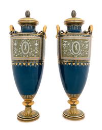 A Pair of Mintons Pâte-sur-Pâte Peacock Blue Covered Urns